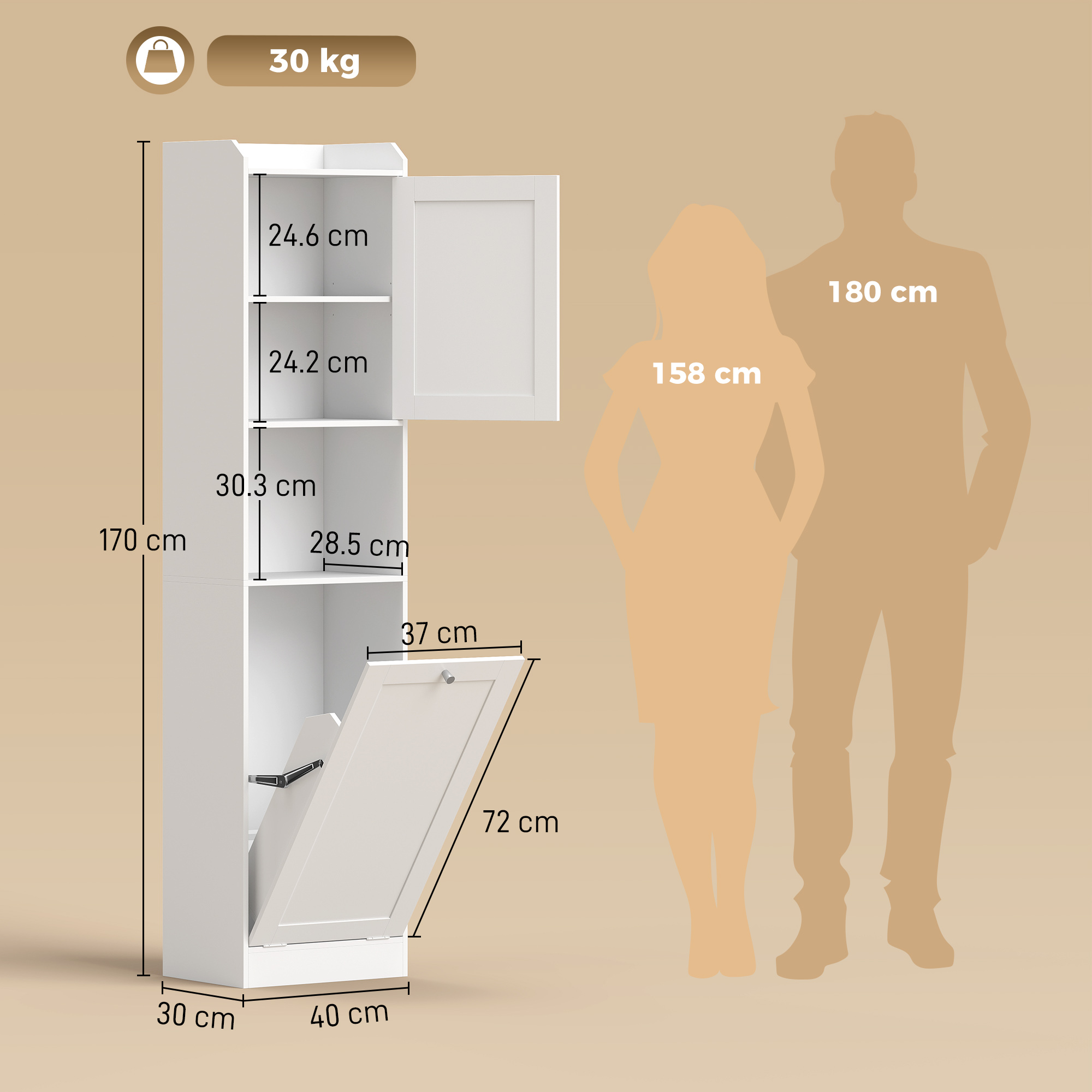 Unità di stoccaggio bianca con mensola aperta e anta, accanto figure a silhouette di persone.