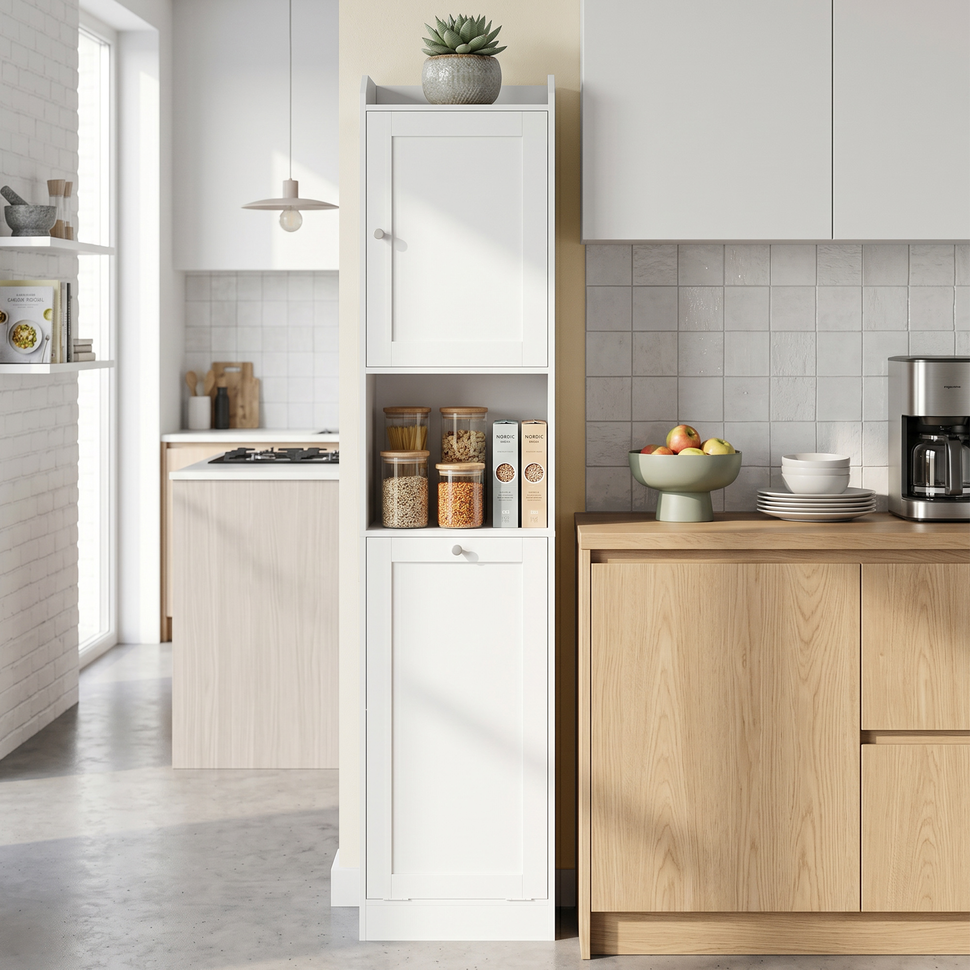 Cucina moderna con mobili bianchi e in legno, caffettiera, ciotola di frutta.