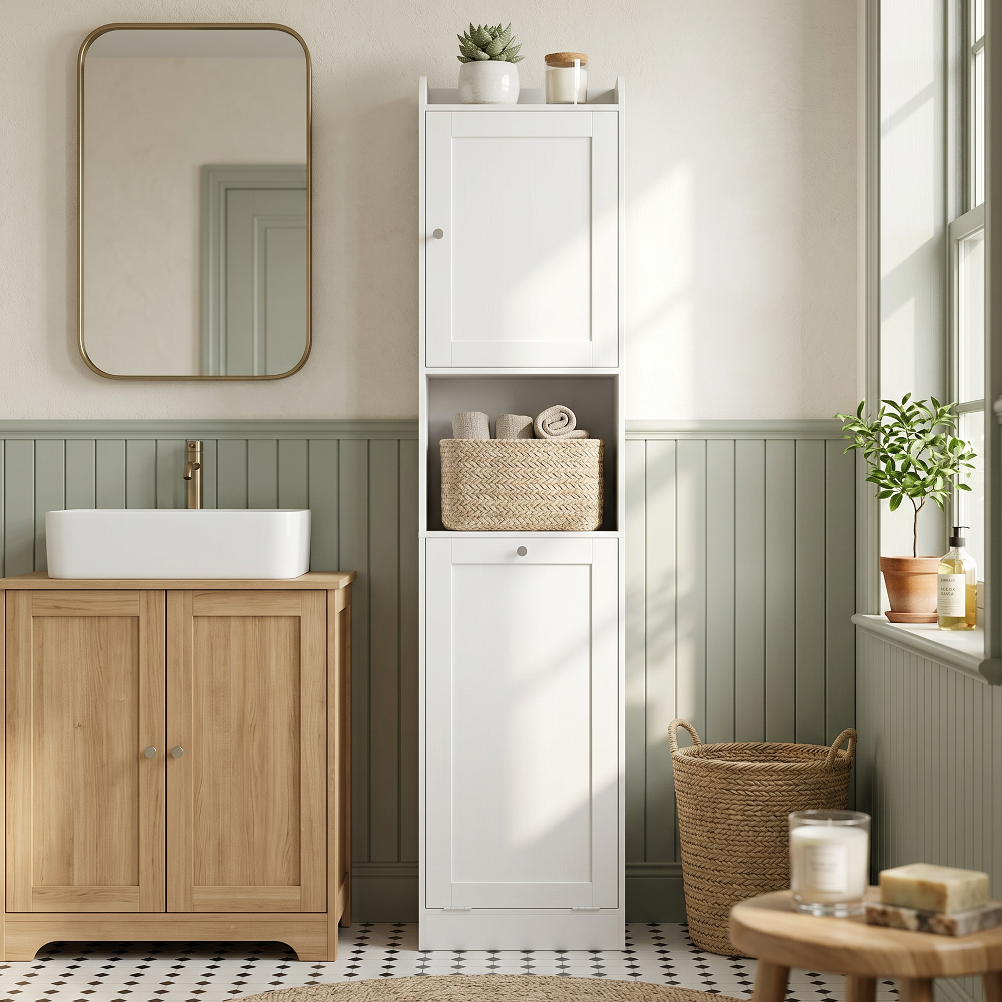 Bagno con mobile lavabo in legno, mobile bianco, specchio e piante.