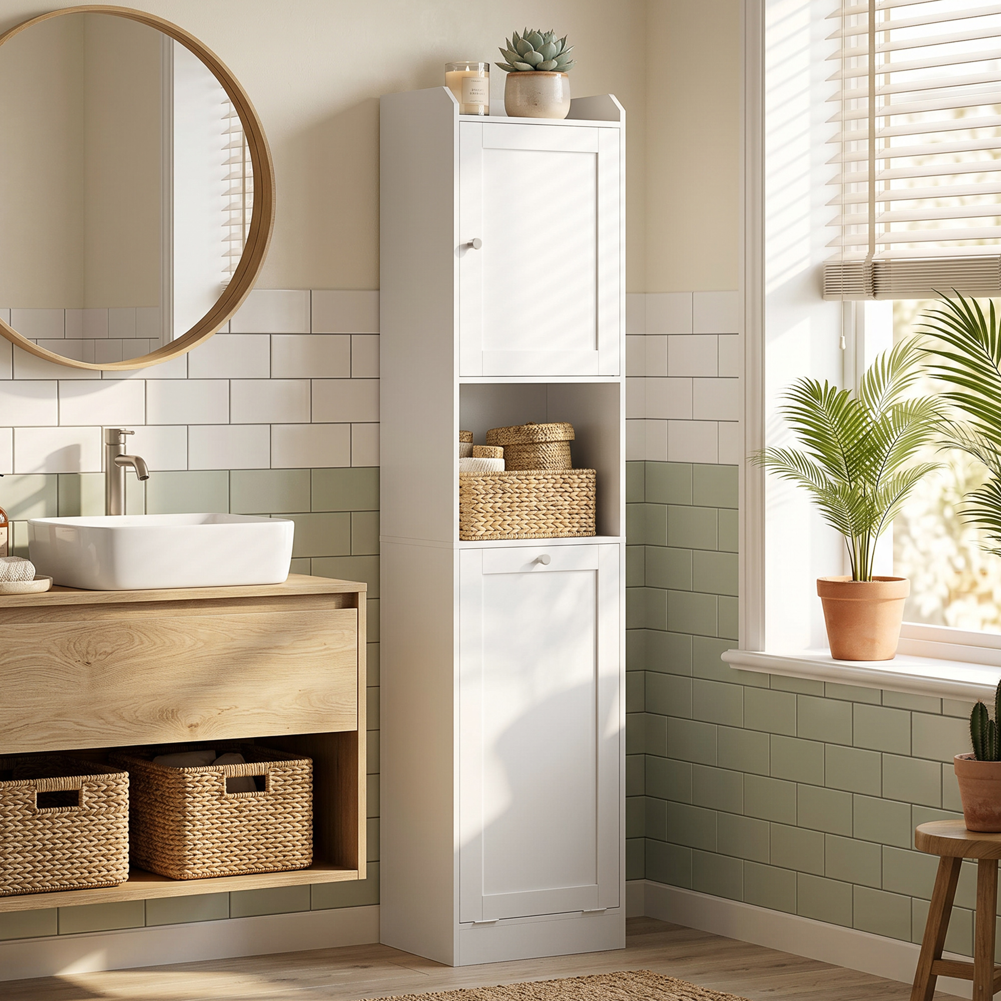 Bagno con mobile lavabo in legno, mobile bianco, specchio e piante.