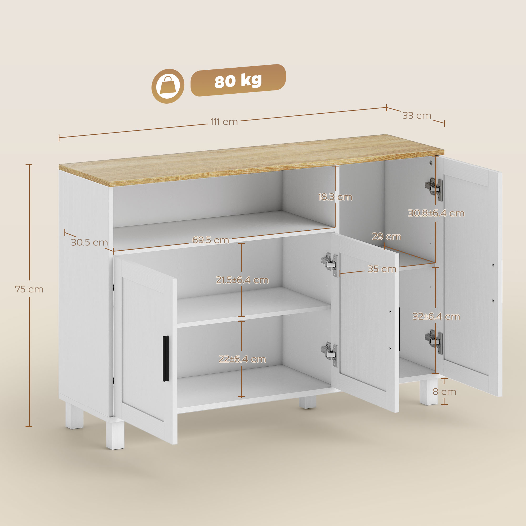 Un armadio bianco con piano in legno, dimensioni indicate.