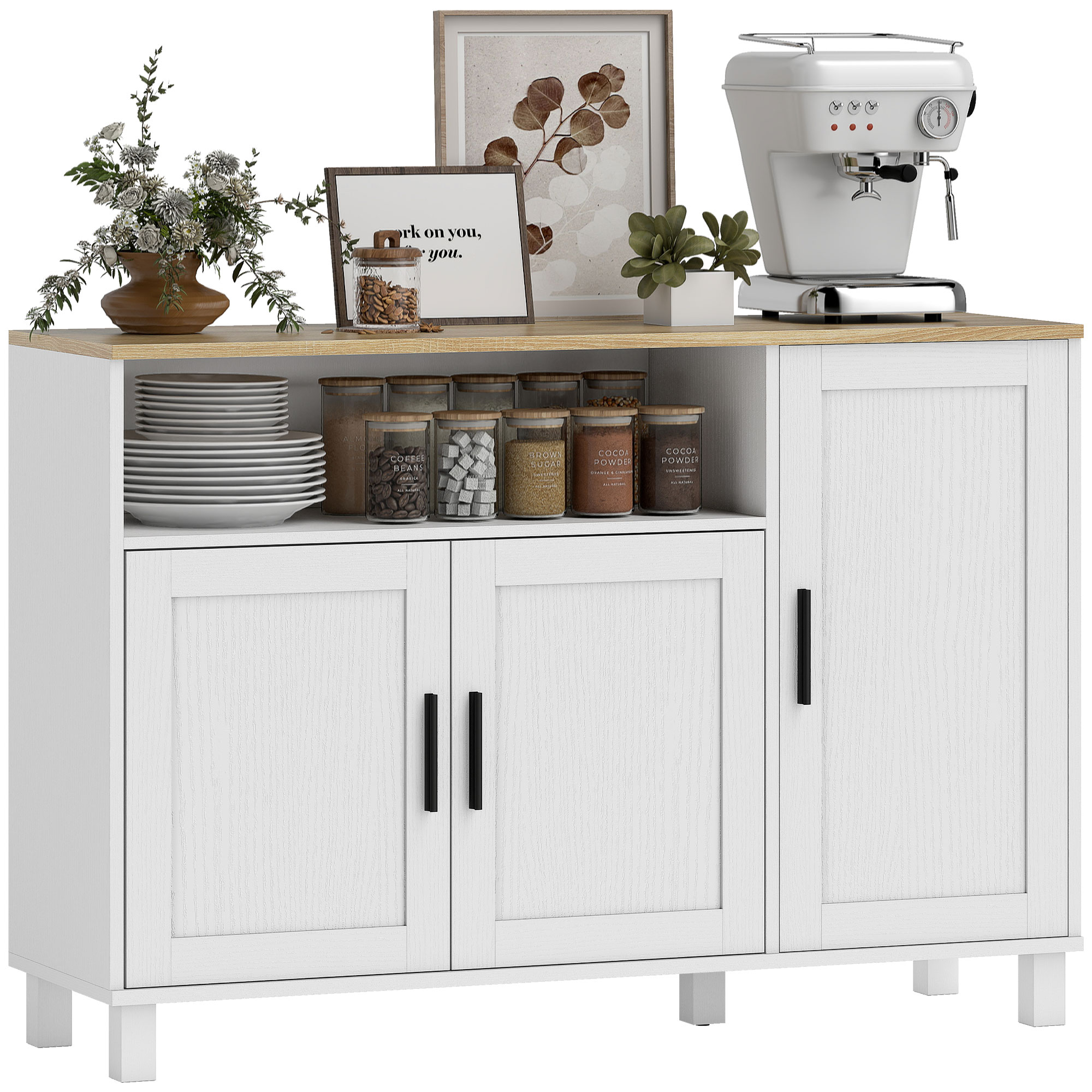 Mobile bianco con accenti in legno, espone piatti, barattoli e macchina da caffè.