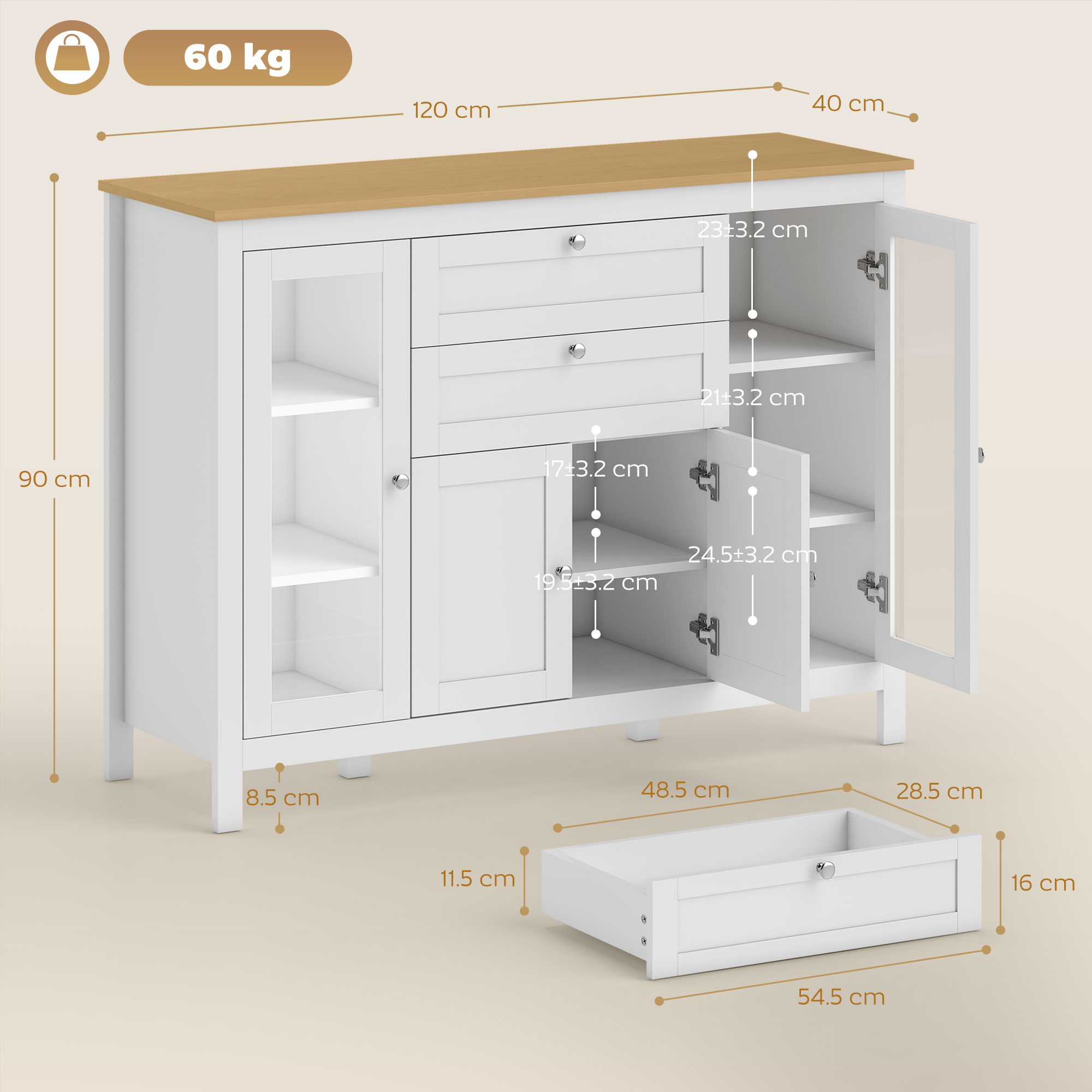 Un mobile bianco con piano in legno, cassetti e ante in vetro.