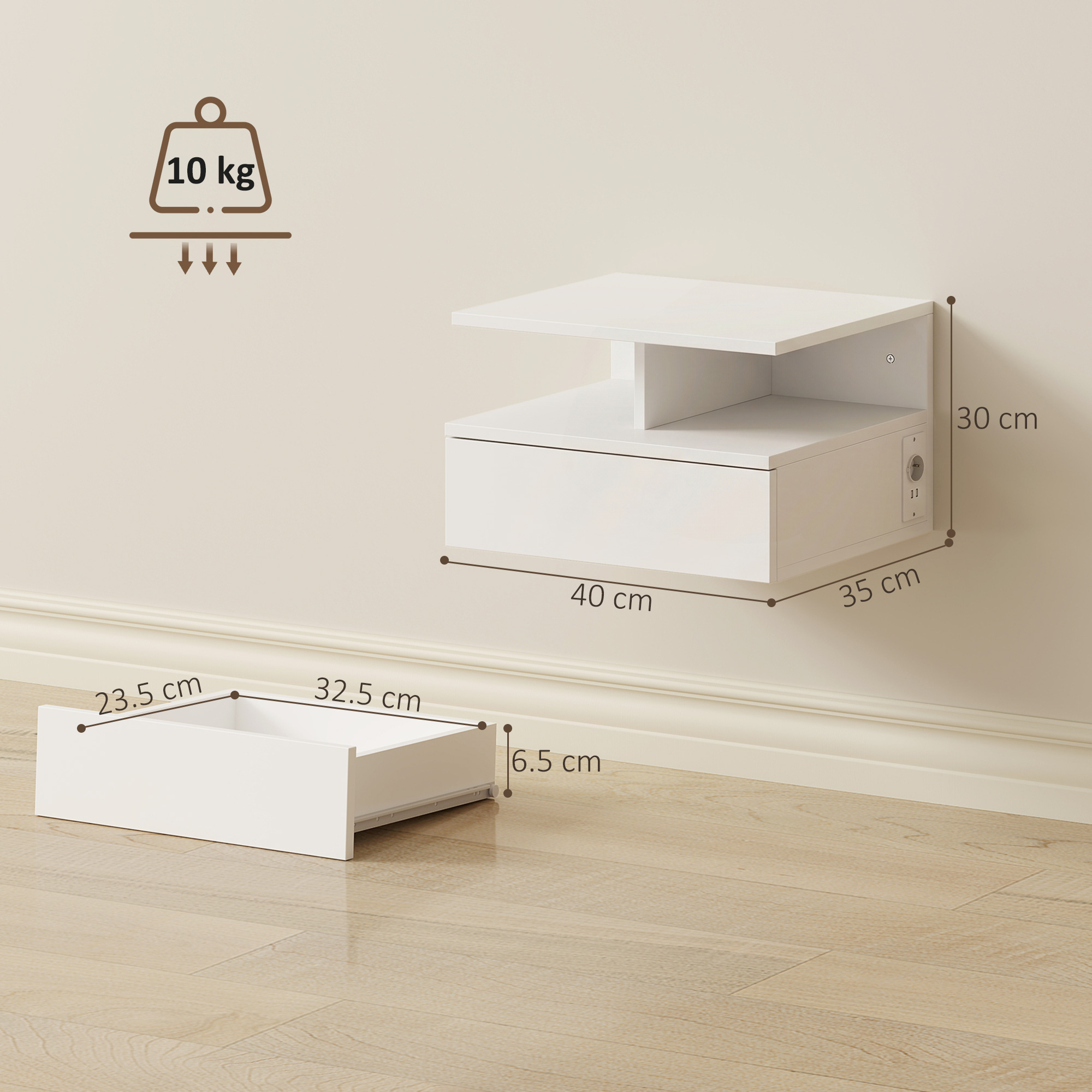Comodino bianco da parete con cassetto, dimensioni indicate.