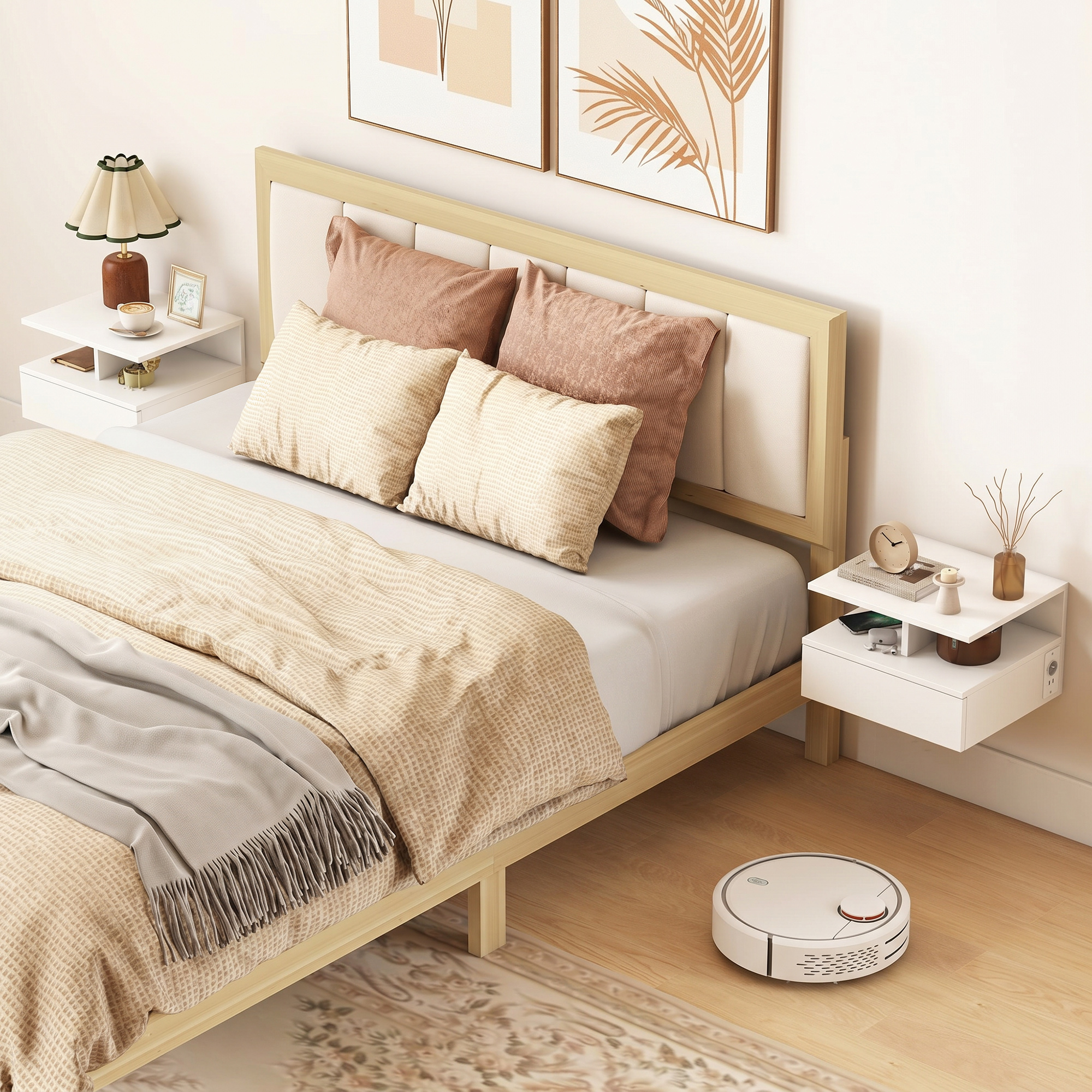 Una camera da letto con letto, comodini, quadri e un robot aspirapolvere.