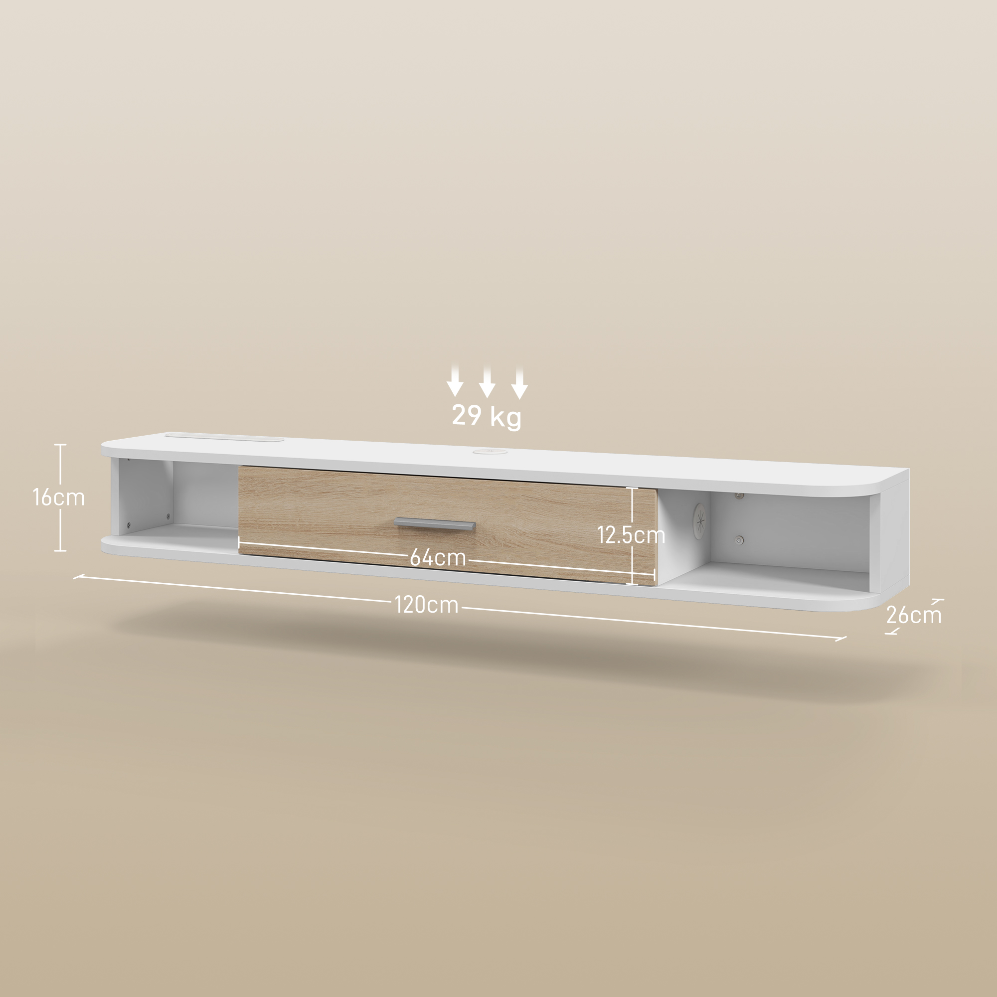 Unità bianca da parete con frontale cassetto in legno, 120x26x16cm, 29kg.