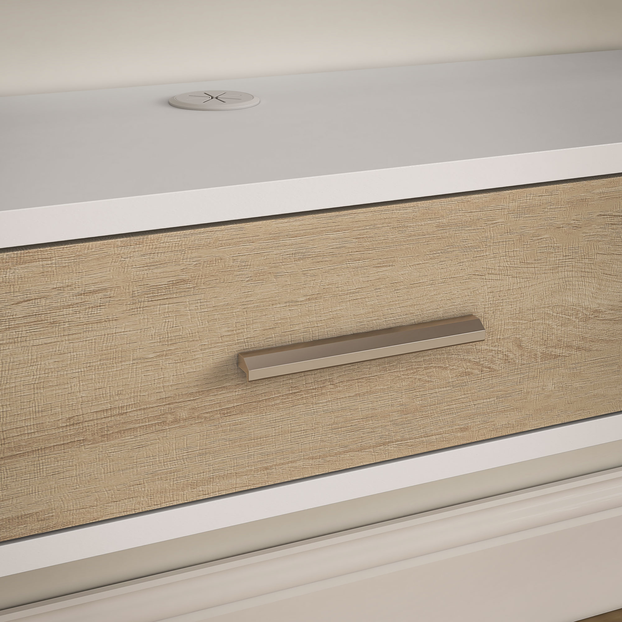 Top bianco con passacavo e cassetto venato di legno con maniglia.