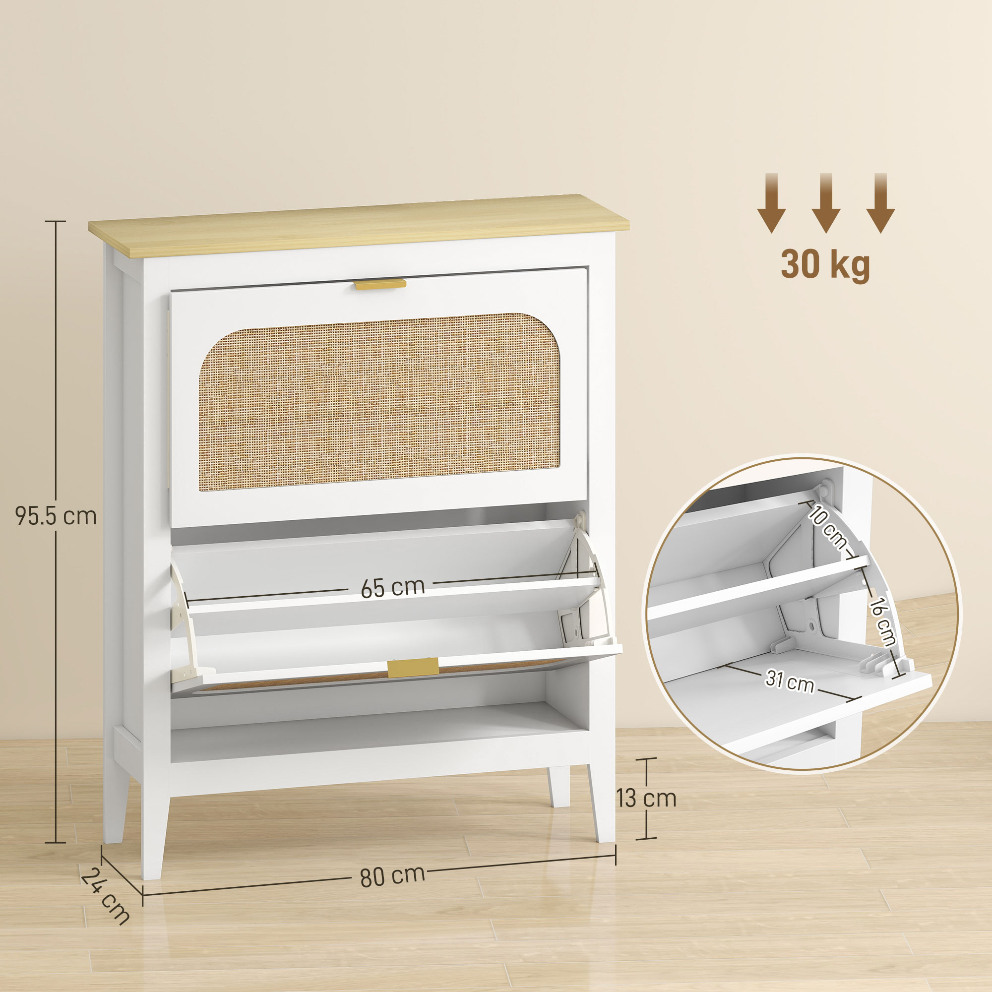 Mobile portascarpe bianco con piano in legno, due ante a ribalta e dettaglio in rattan.