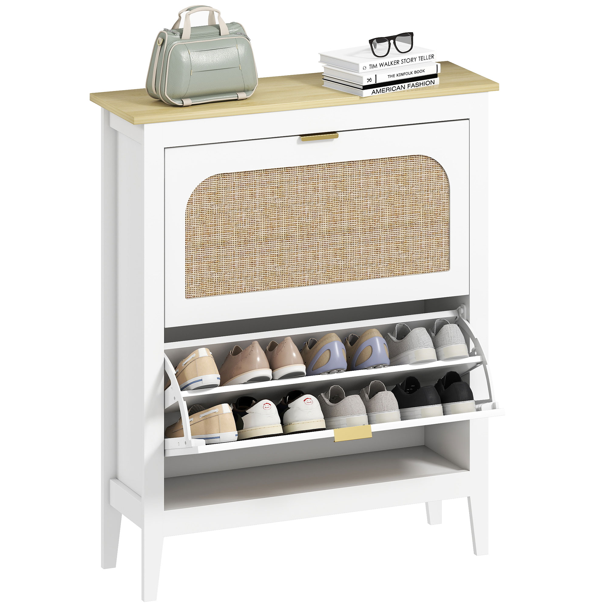 Scarpiere bianco con piano in legno, con borsa e libri sopra.