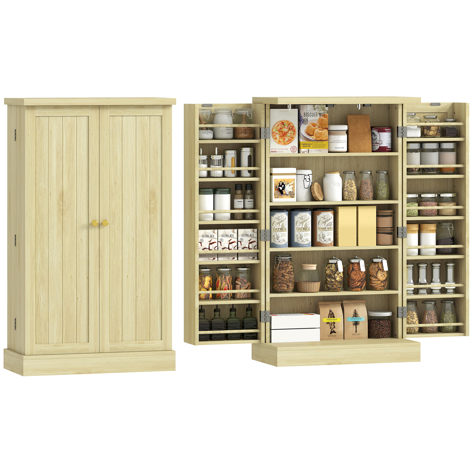 Una dispensa in legno chiaro con ante aperte, piena di generi alimentari.