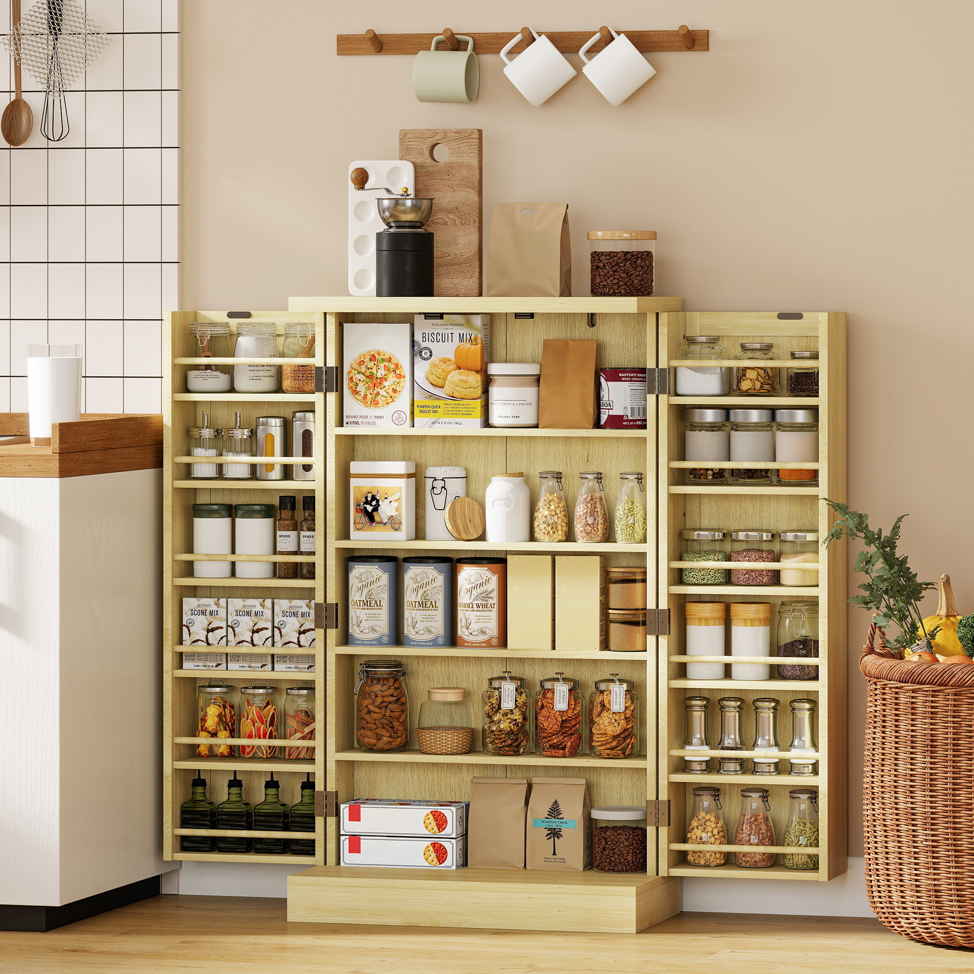 Una cucina con armadio in legno piena di cibo, spezie e piatti.