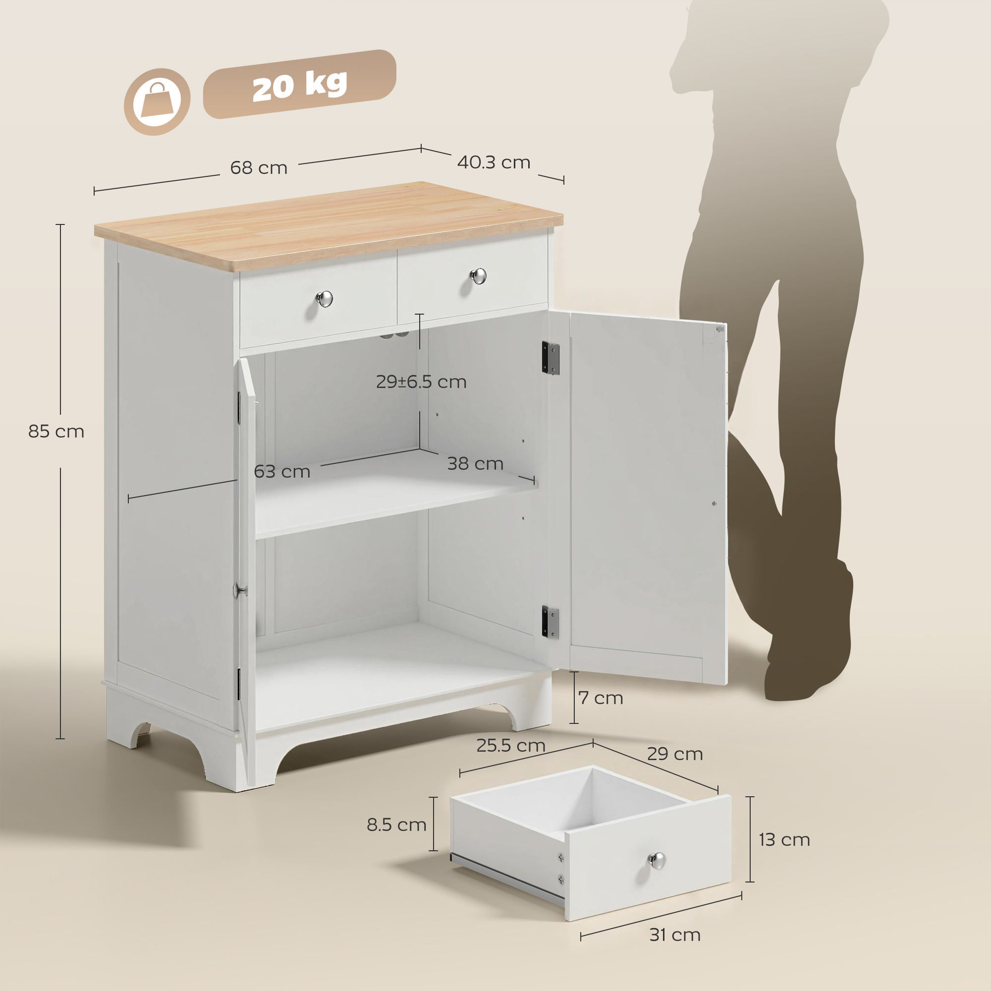 Mobile bianco con piano in legno, due cassetti e due ante con ripiani.