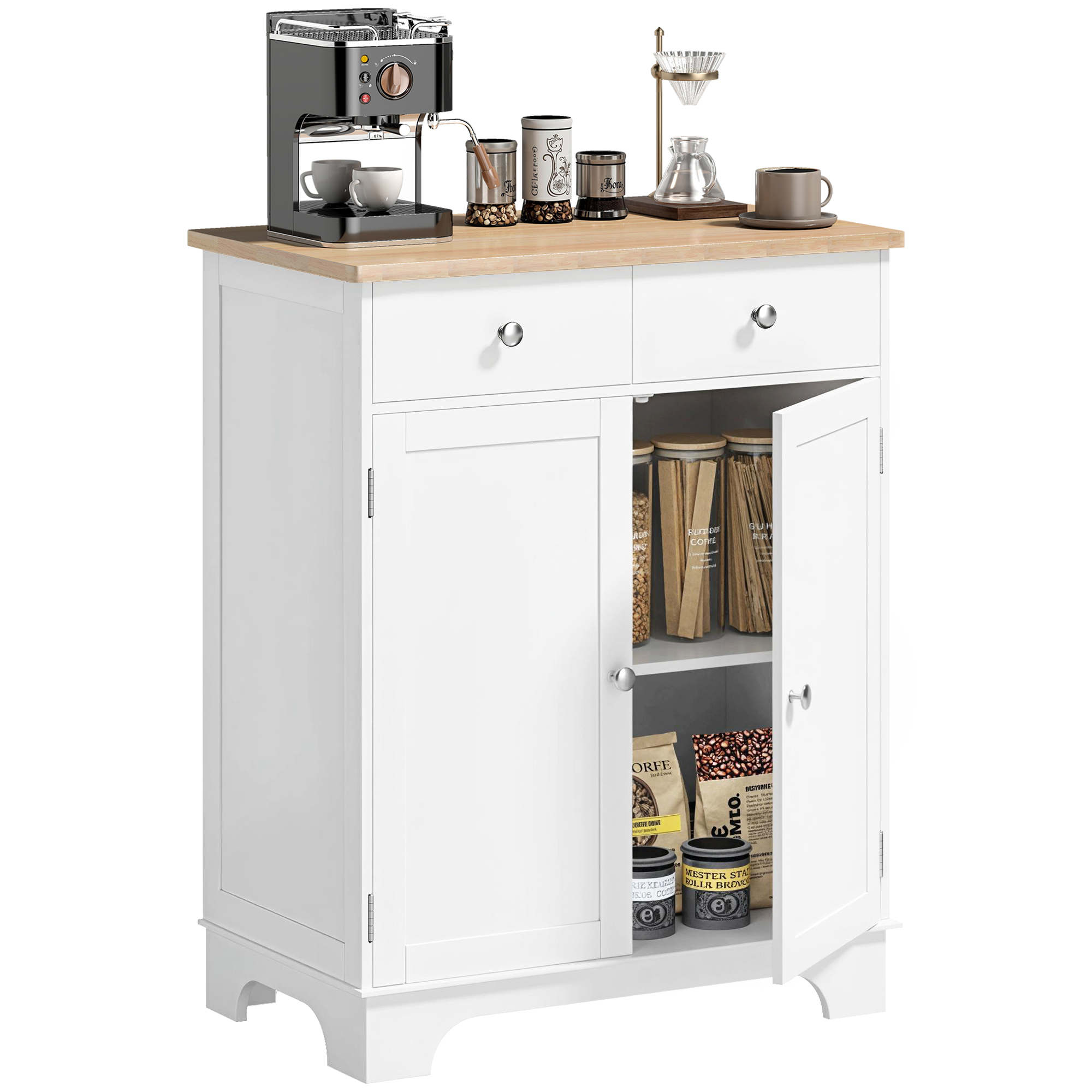 Un mobiletto da cucina bianco con piano in legno, macchina per caffè, tazze e scorte.