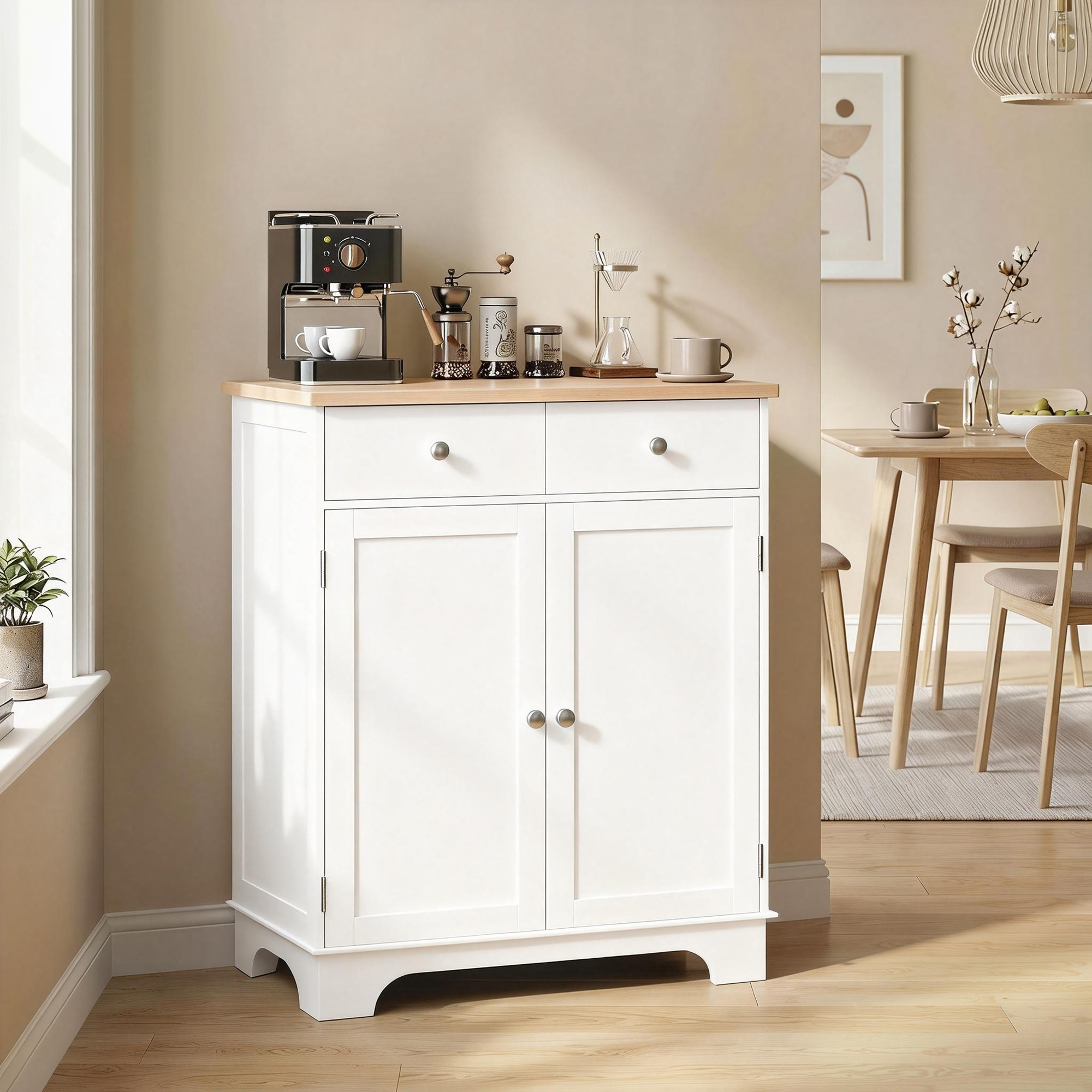 Un mobile bianco con macchina da caffè, macina caffè e tazze su legno.