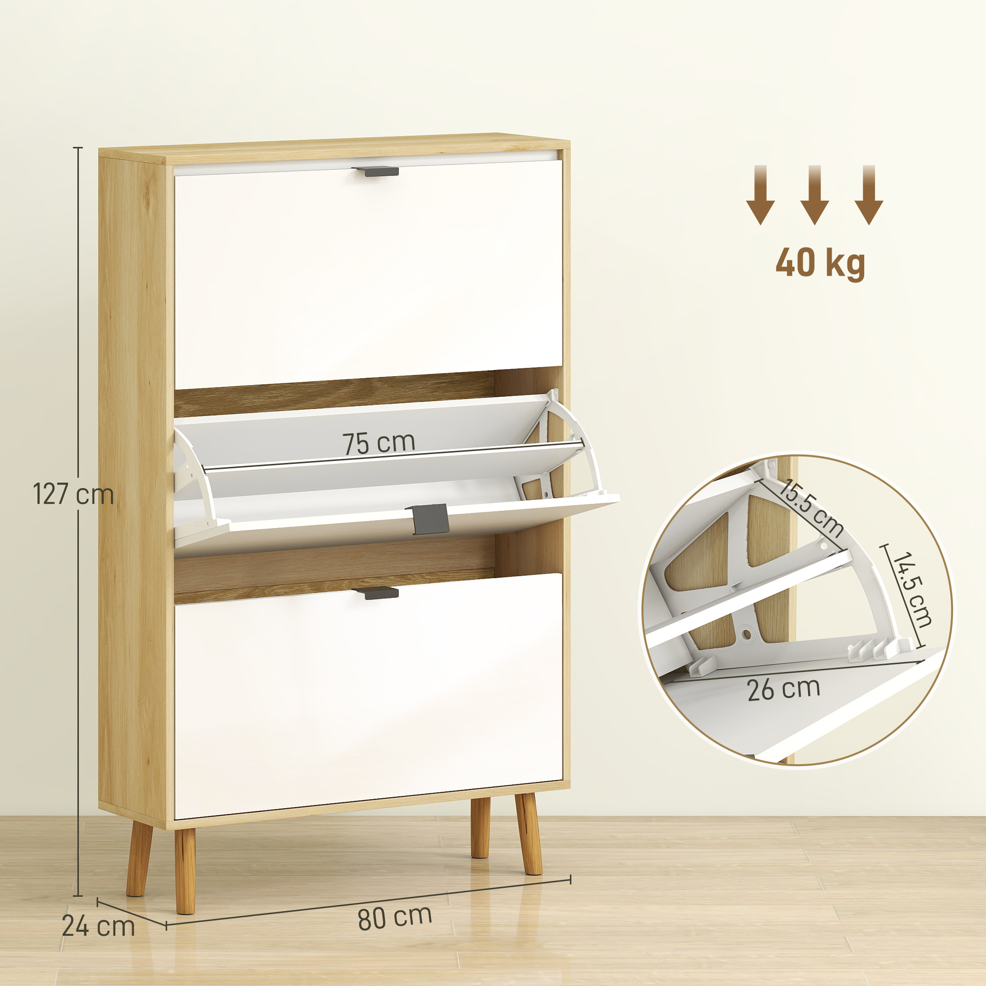 Una scarriera bianca e in legno chiaro con tre ante a ribalta, dimensioni indicate.