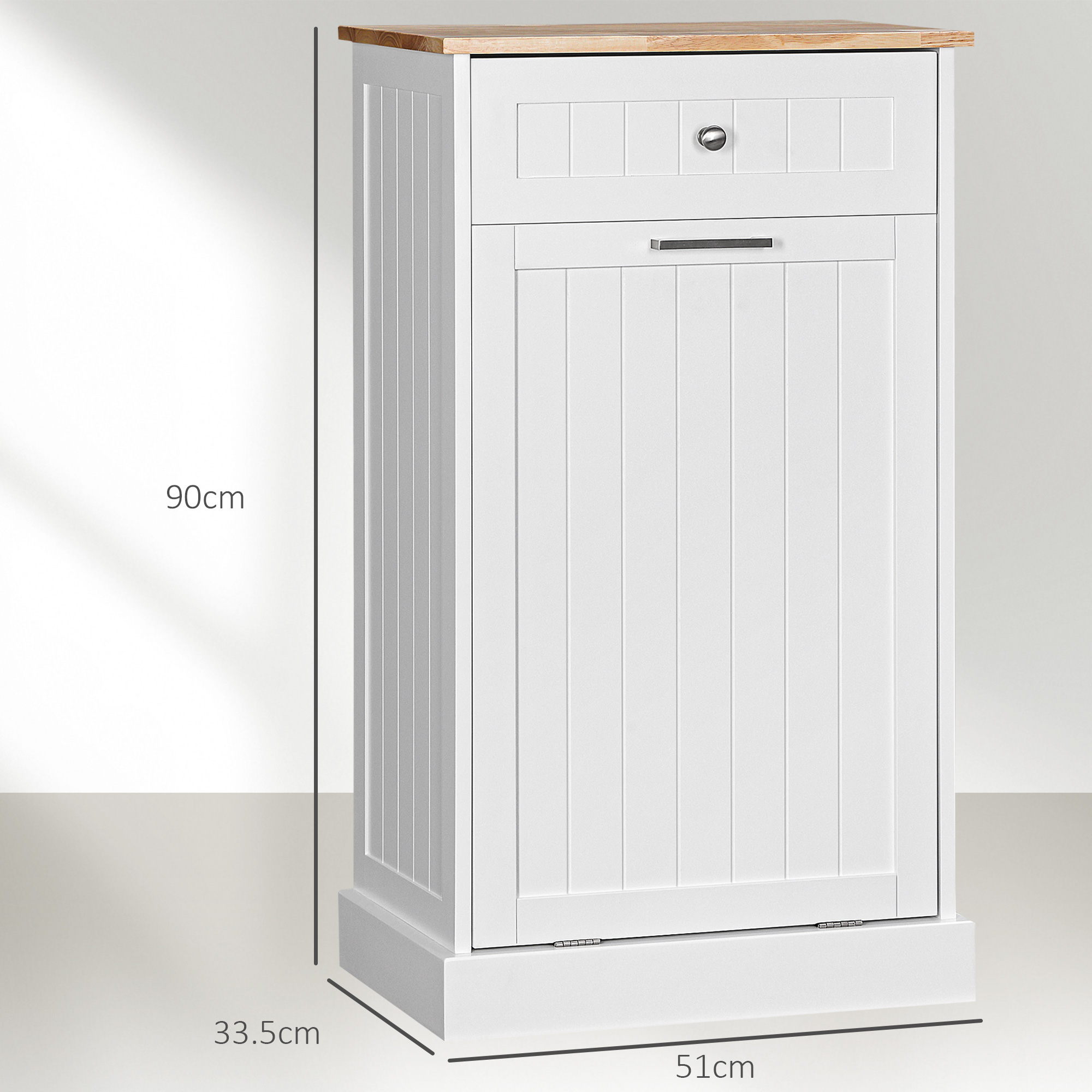 Mobile bianco con piano in legno, 90x33,5x51cm, con cassetto e anta.