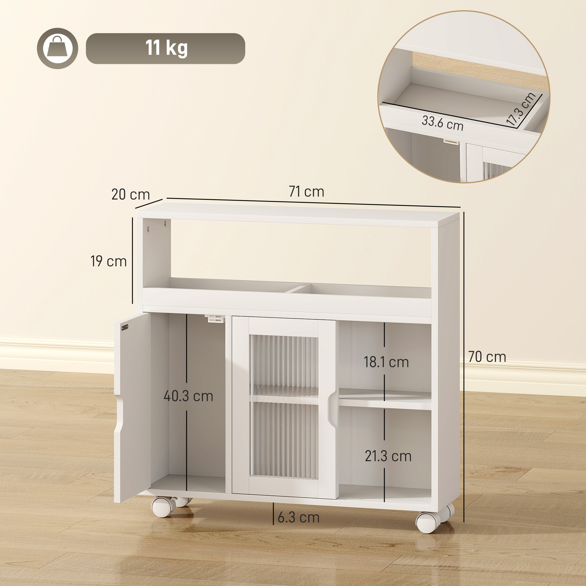 Un carrello da cucina bianco su ruote con dimensioni indicate.