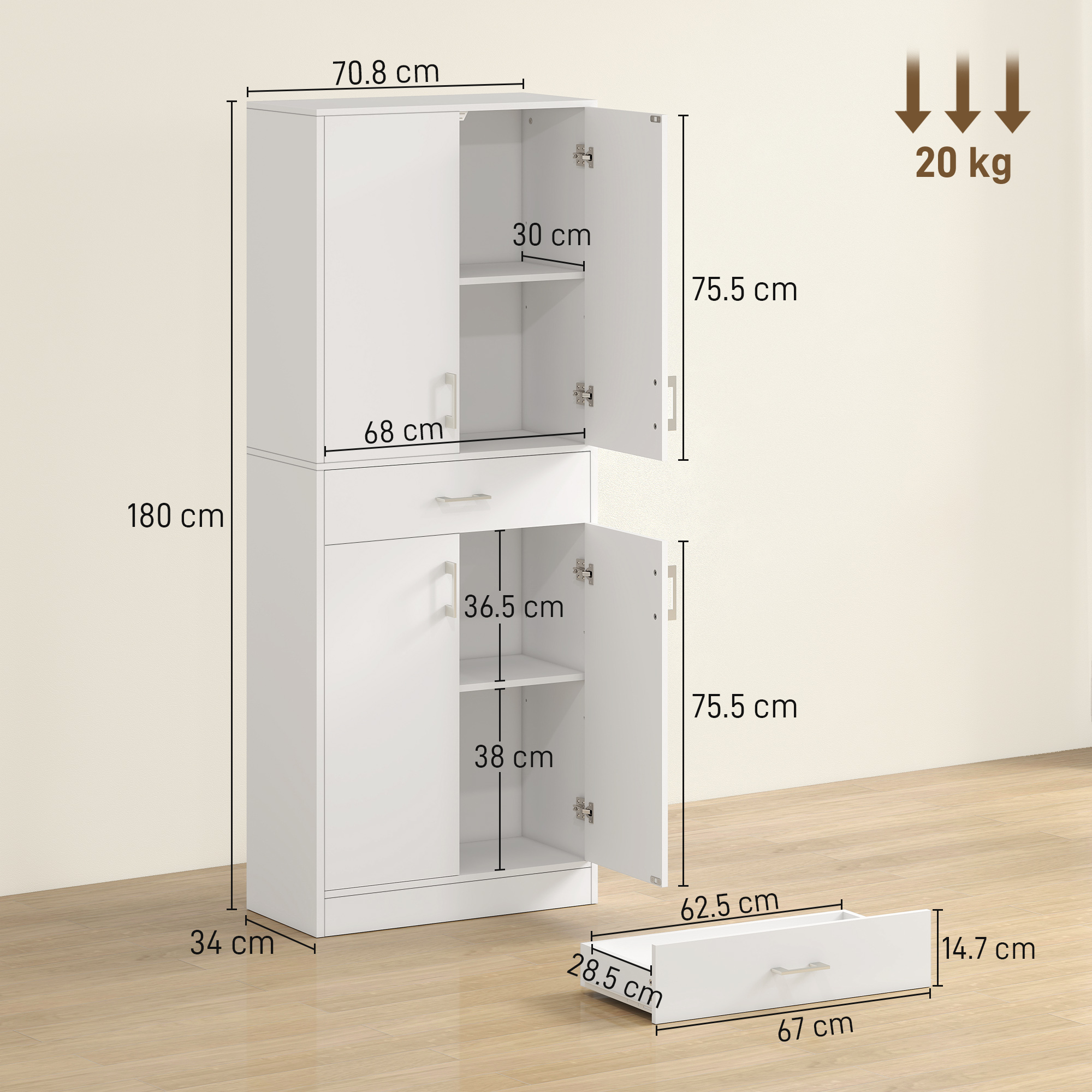 Mobile bianco con dimensioni, aperto e con cassetto.