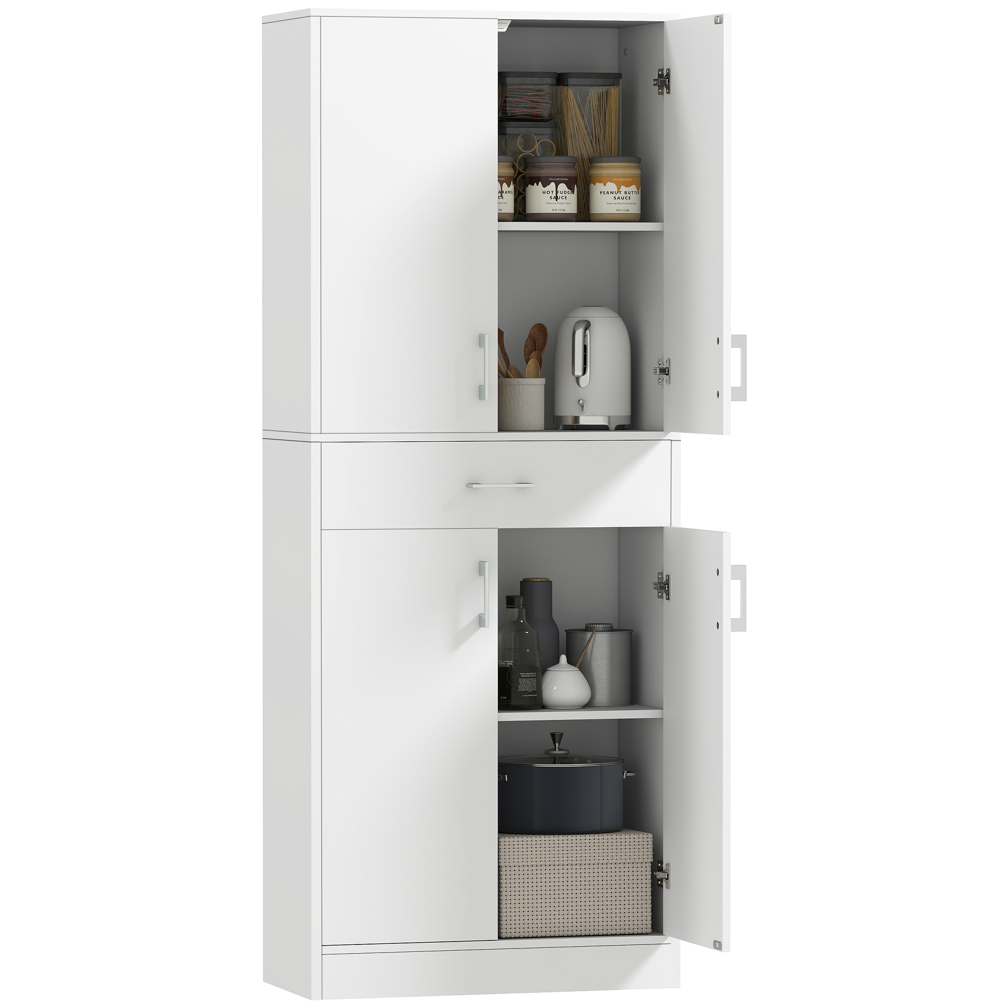 Una credenza da cucina bianca con ante aperte. Sopra ci sono barattoli e utensili. Sotto ci sono pentole e bottiglie.