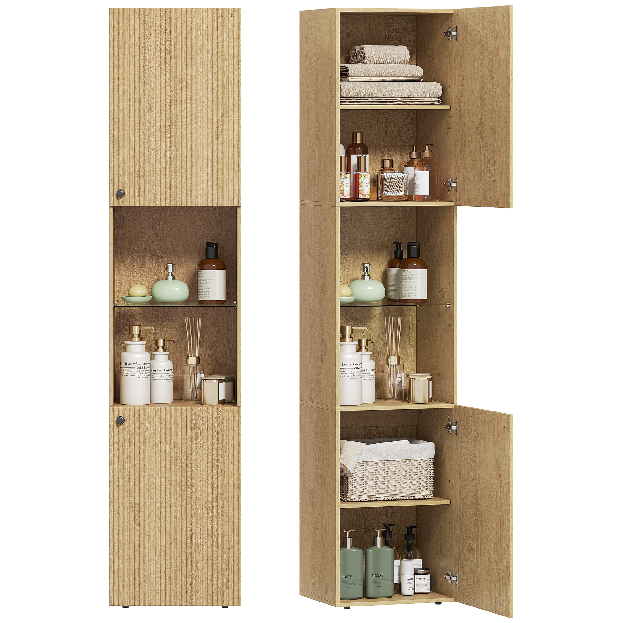 Scaffali in legno con scomparti aperti e chiusi, riempiti con asciugamani e articoli da bagno.