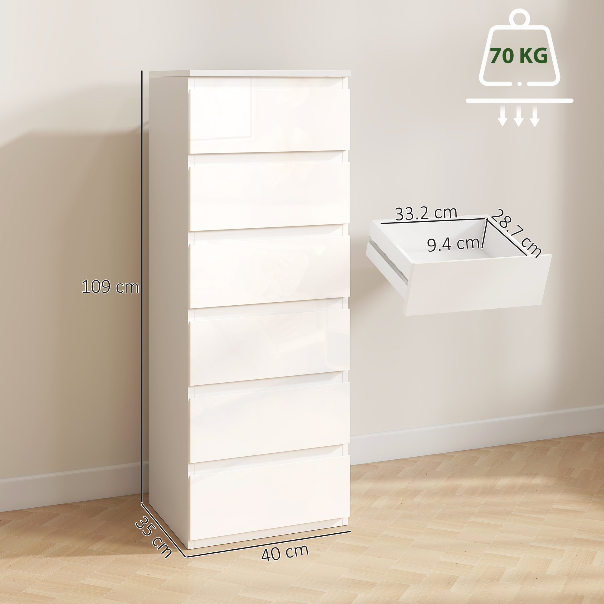 Un armadio bianco alto con sette cassetti, con dimensioni e limite di peso.