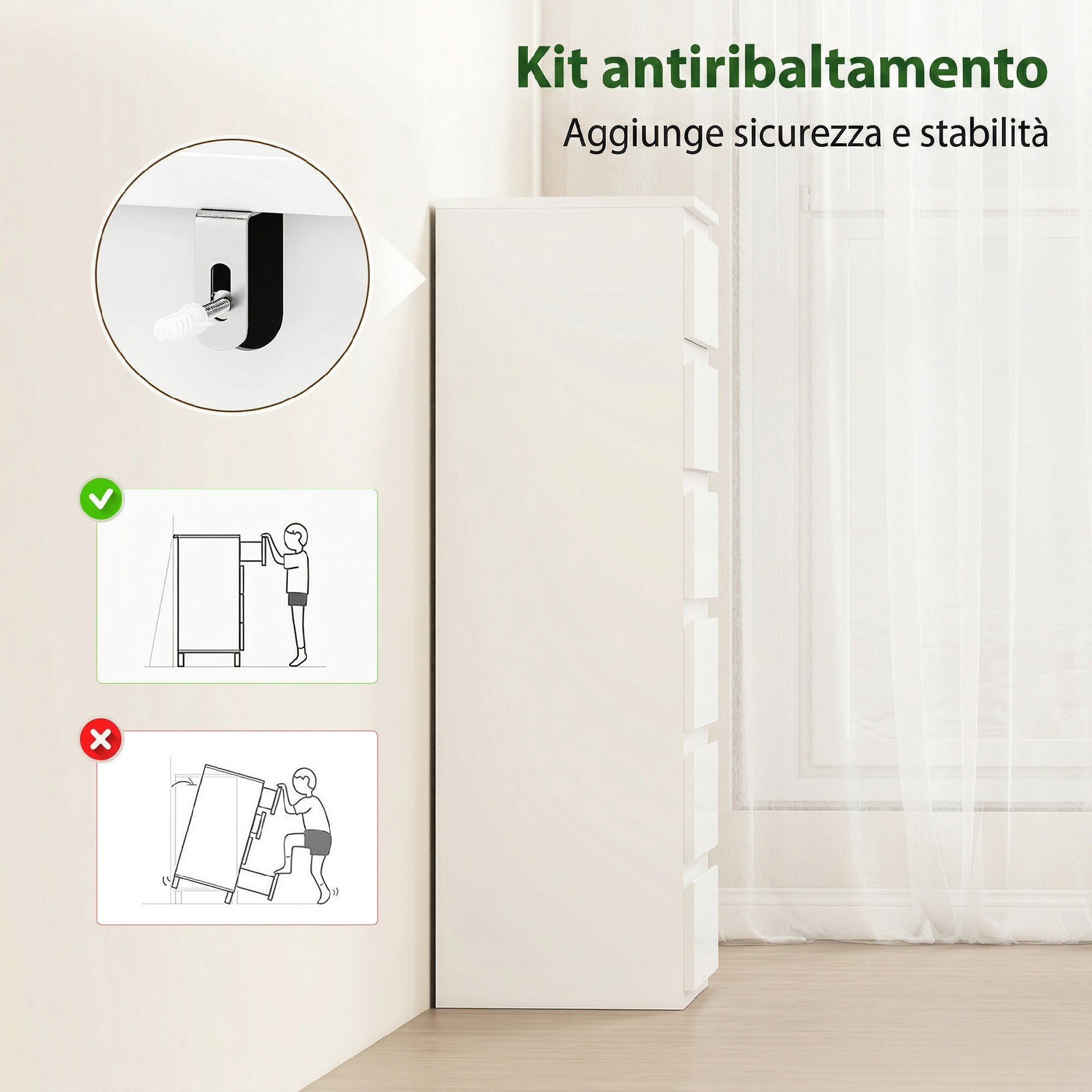 Kit antiribaltamento per mobili con guida all'installazione e simboli.