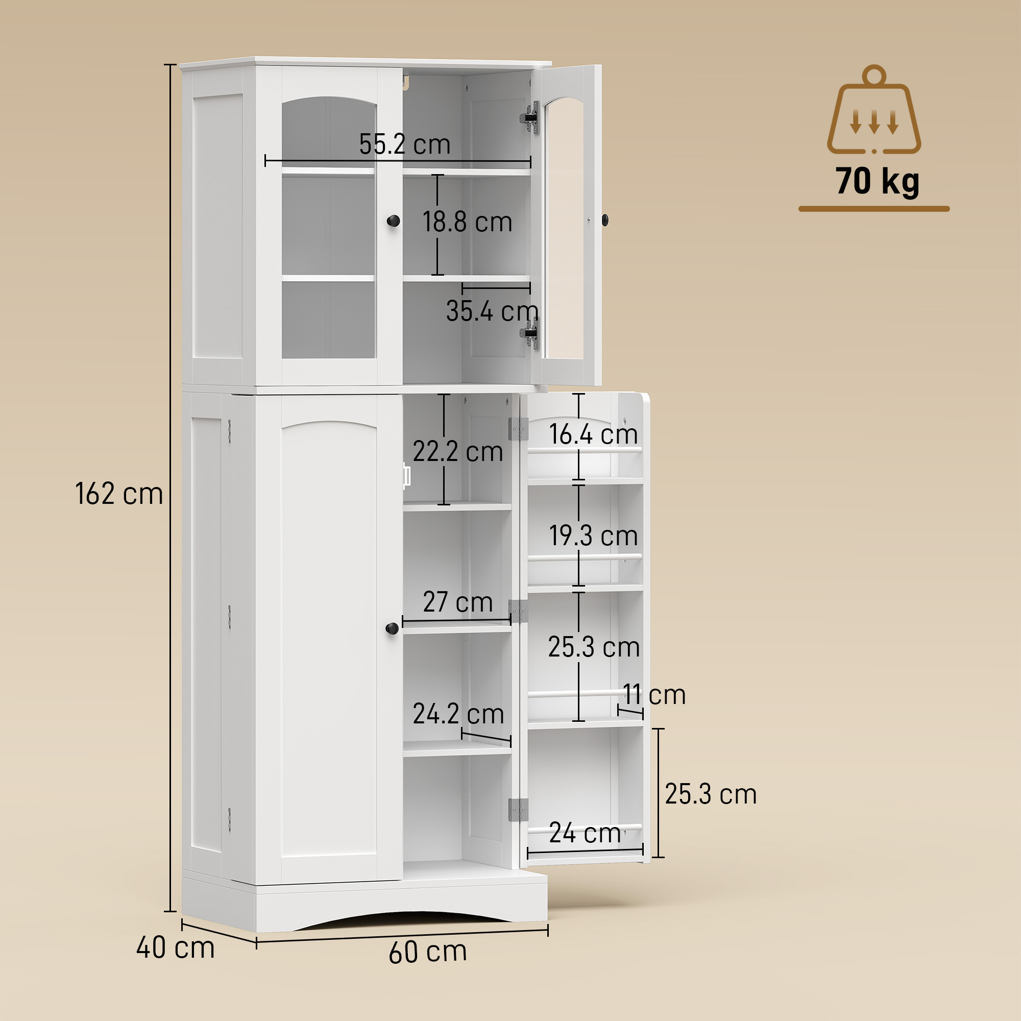 Un armadio bianco con inserti in vetro, mostra dimensioni e carico massimo 70 kg.