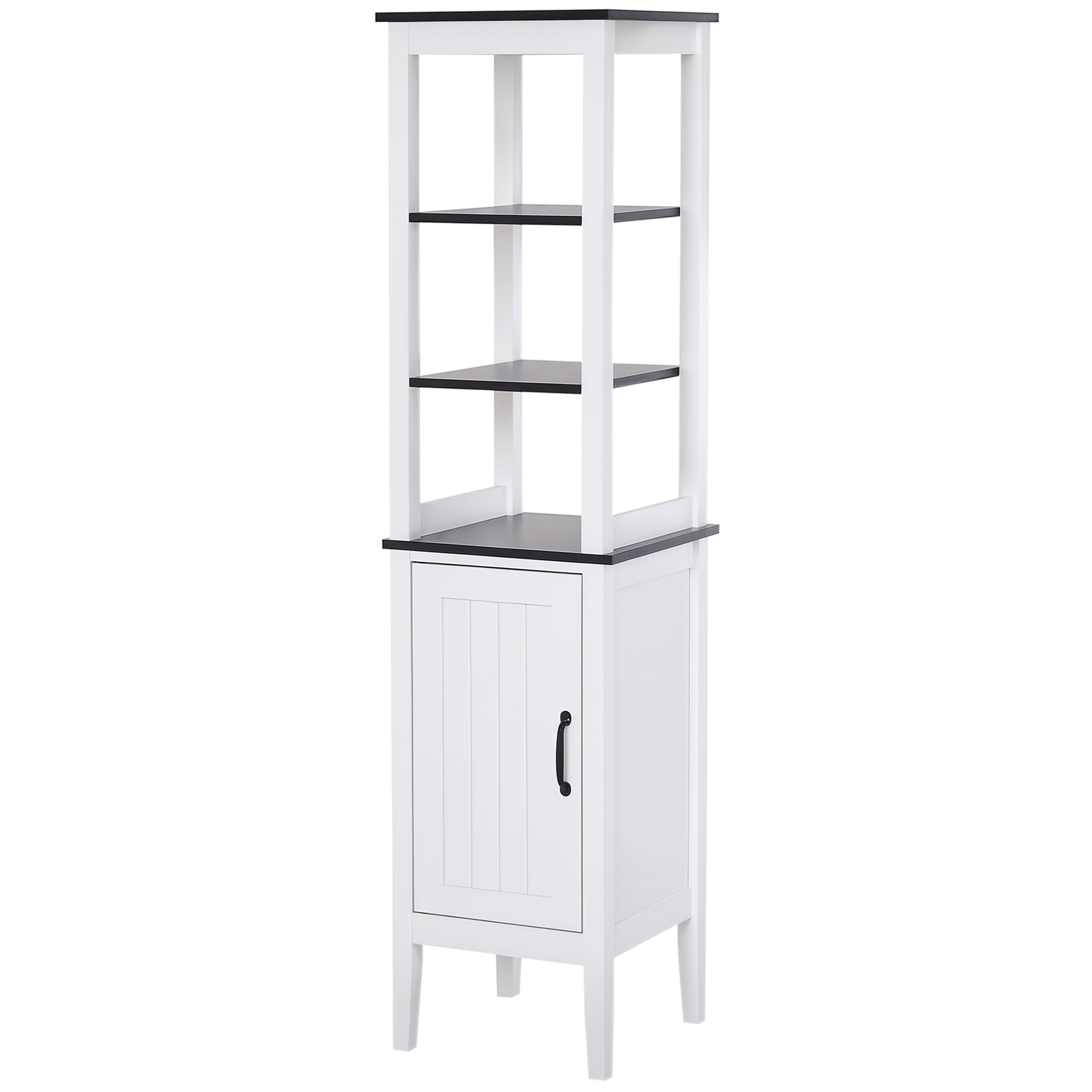 Un armadio bianco alto con ripiani neri e una porta su sfondo bianco.