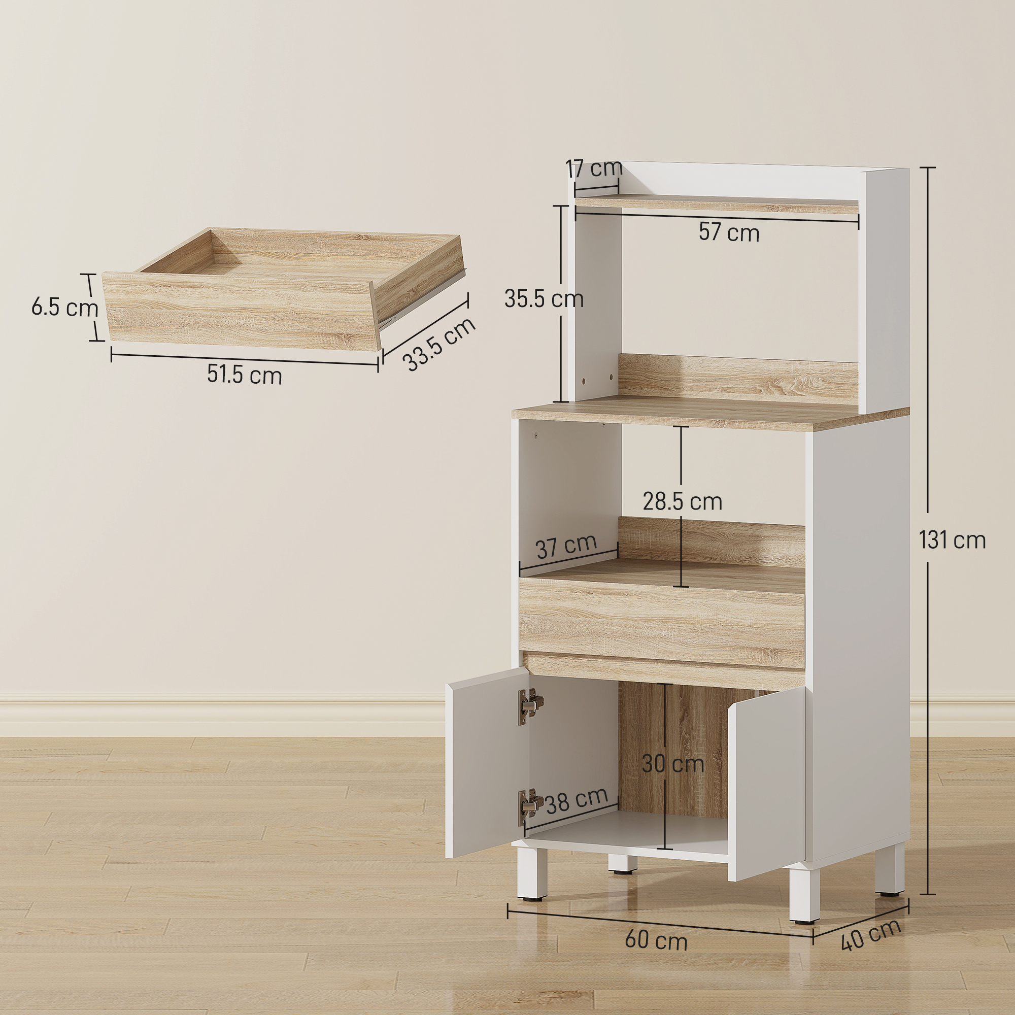 Un armadio bianco con accenti in legno, dimensioni visualizzate.