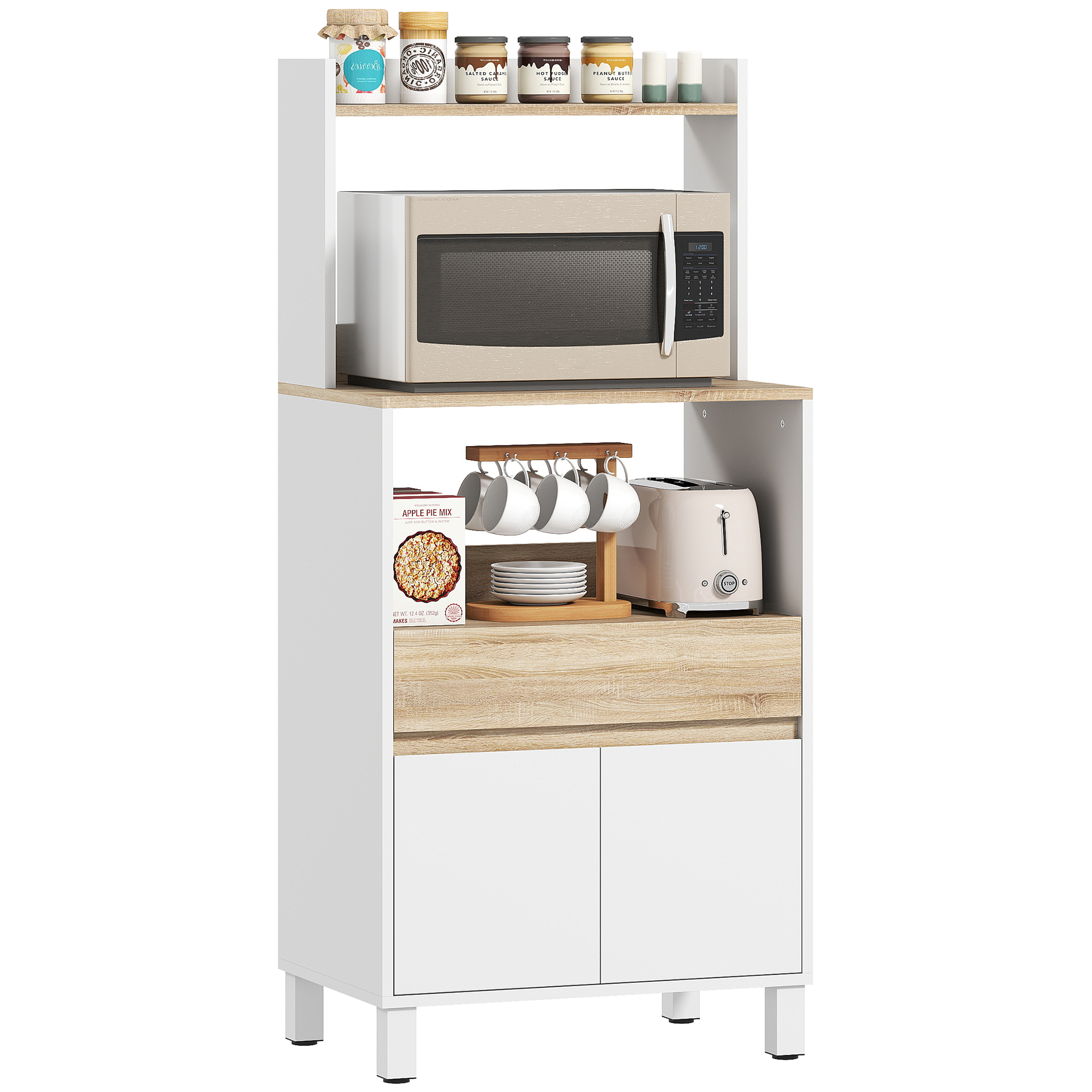 Credenza da cucina con microonde, tostapane, tazze e barattoli.
