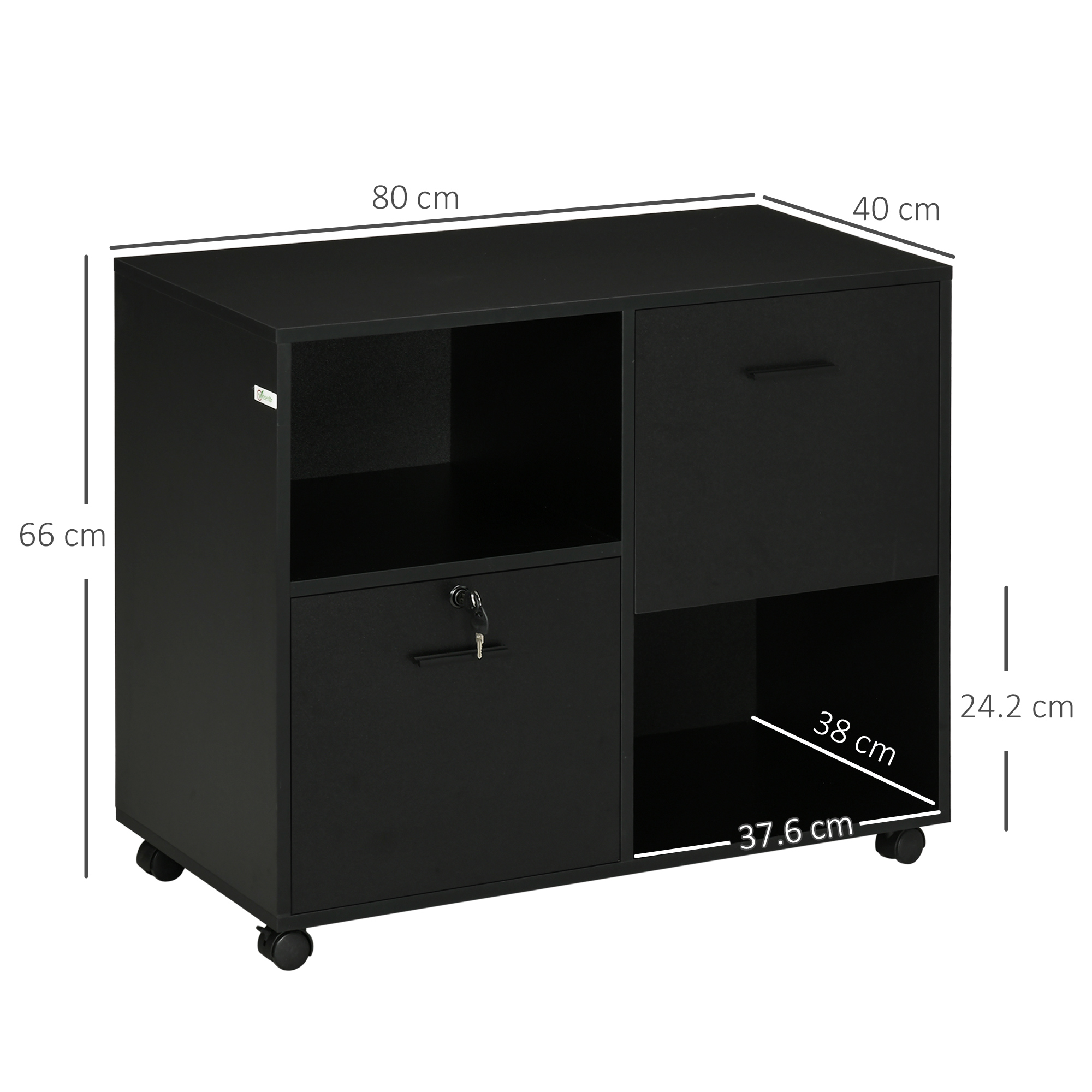 Mobile archivio nero su ruote, 80x40x66cm, con due cassetti e una mensola aperta.