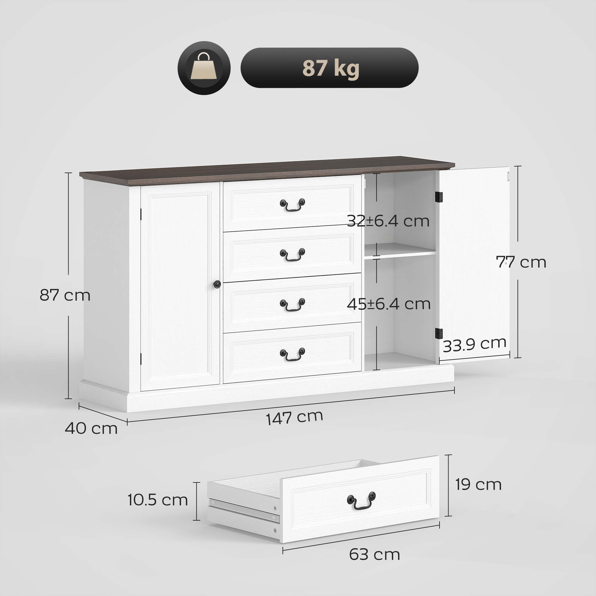 Mobile bianco con piano scuro, quattro cassetti e una porta. 87 kg.