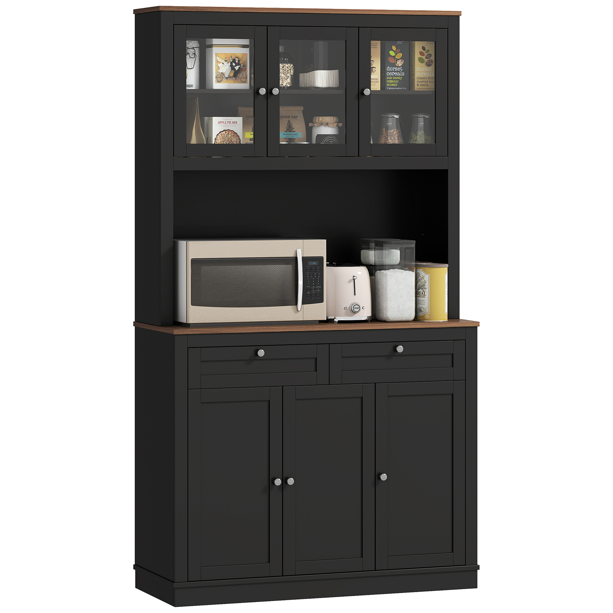 Una credenza da cucina nera con ante in vetro, piena di cibo ed elettrodomestici.