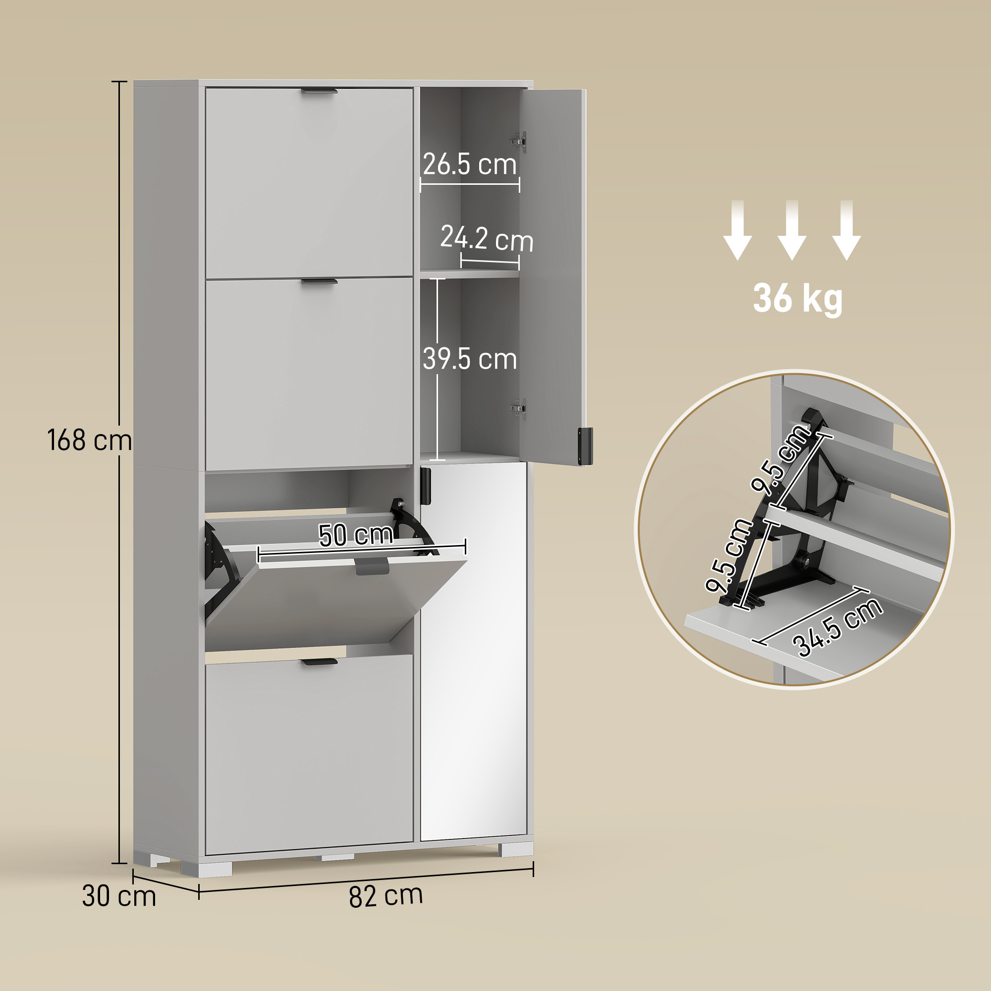 Mobile bianco multi-scomparto, 168x82x30 cm, con ante aperte e dimensioni.