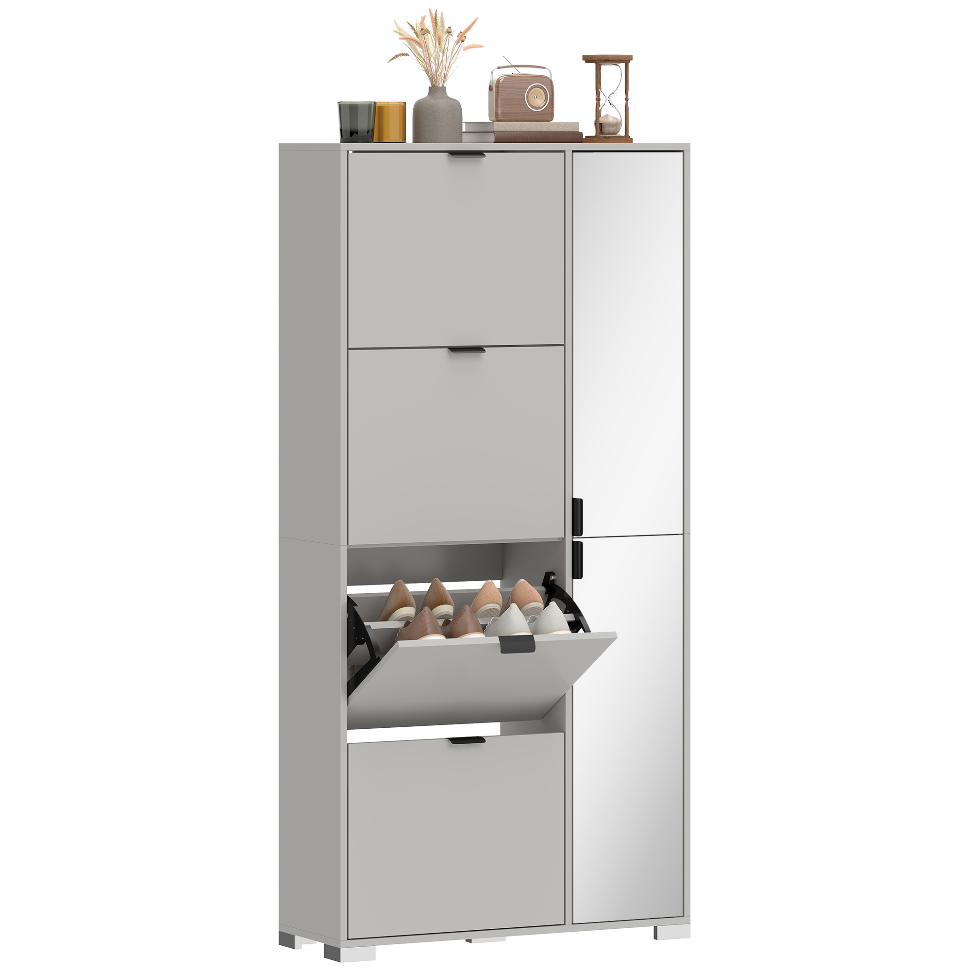 Scarpiere grigio con specchio, cassetti multipli e scarpe.