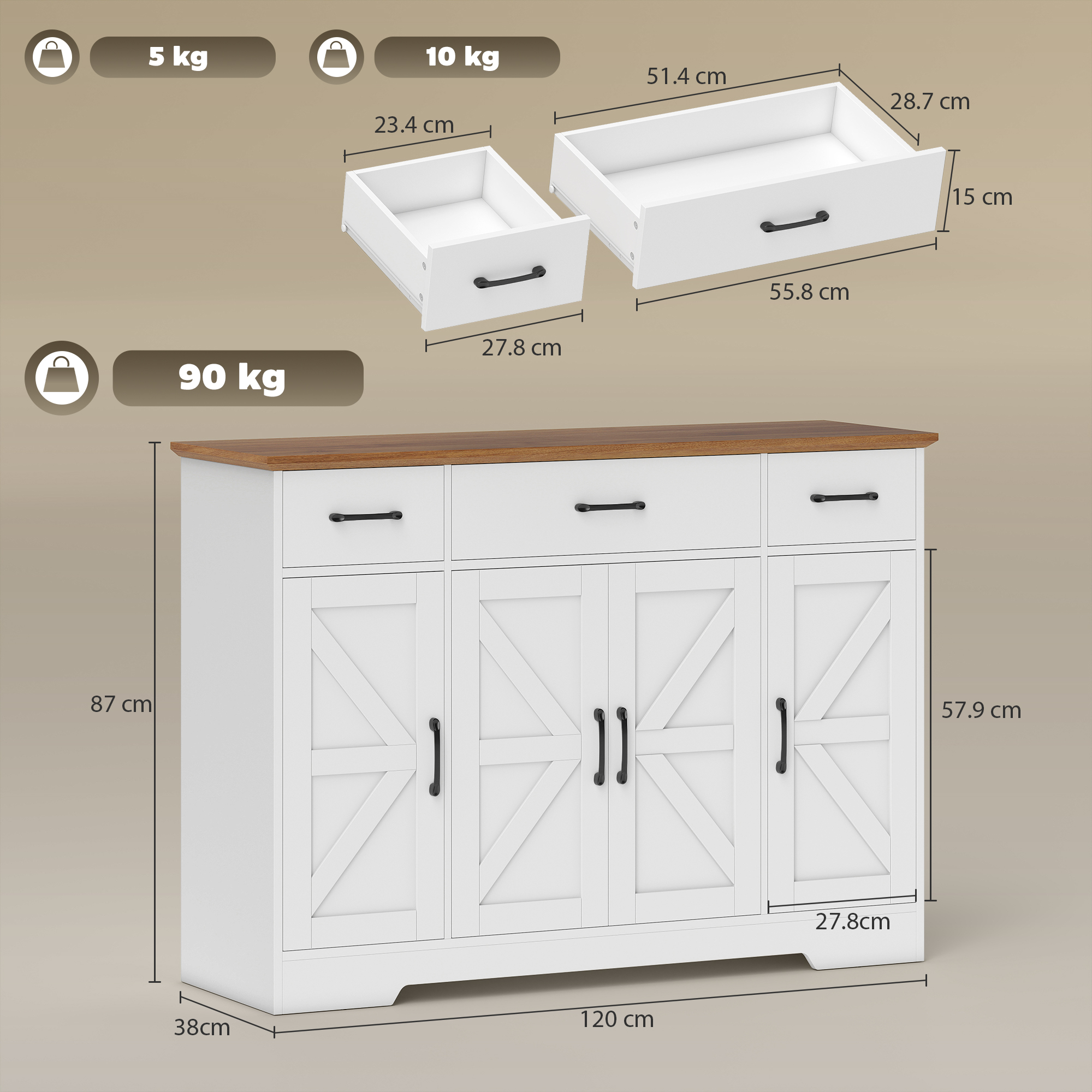 Una cassettiera bianca con piano in legno, cassetti e ante. Dimensioni indicate.