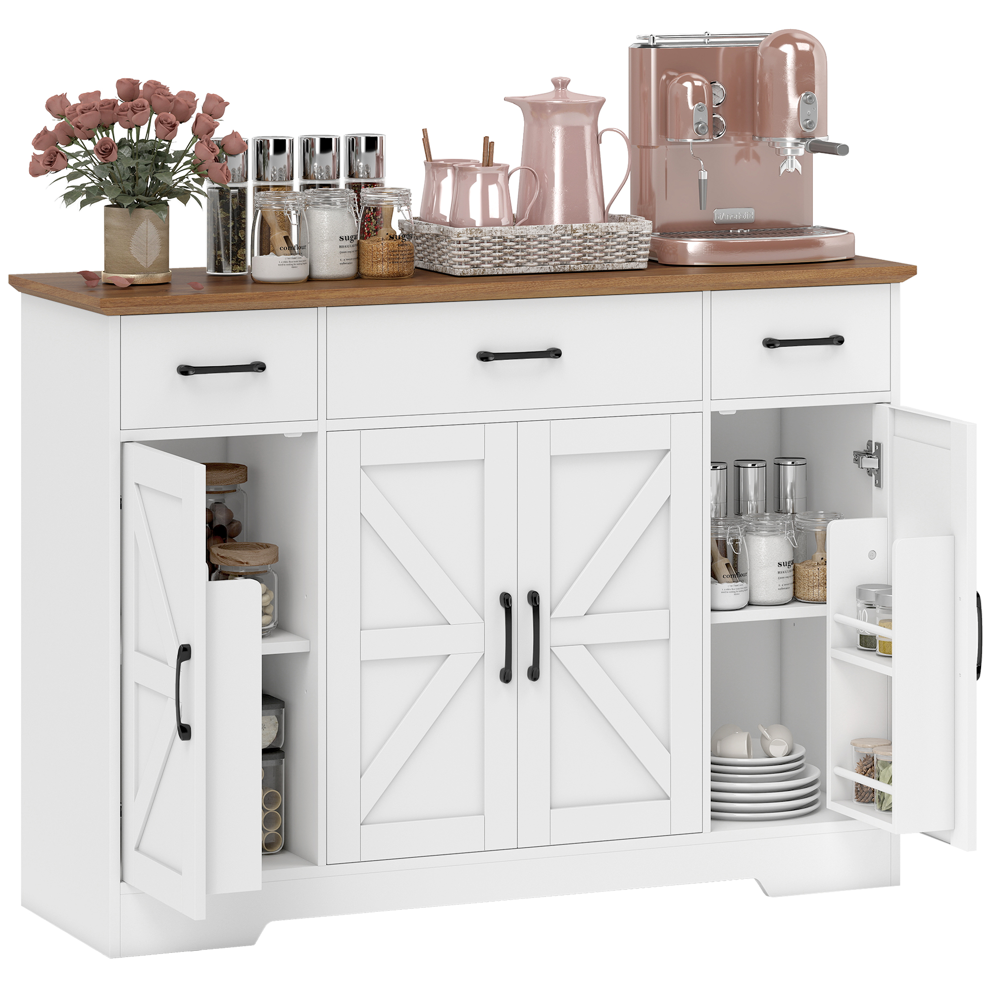 Una credenza bianca con piano in legno, piena di utensili da cucina e rose.