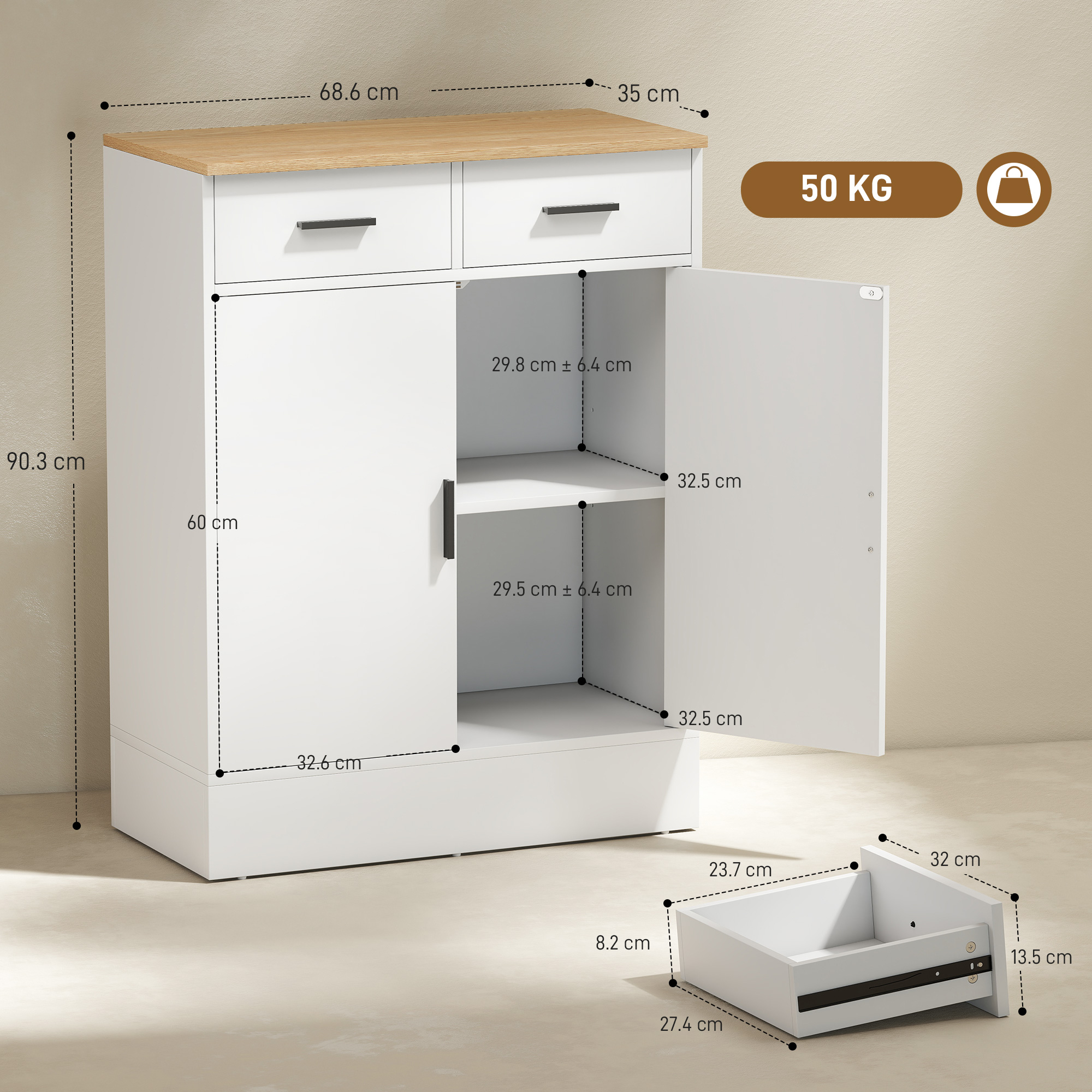 Mobile bianco con piano in legno, due cassetti, una porta e dimensioni.