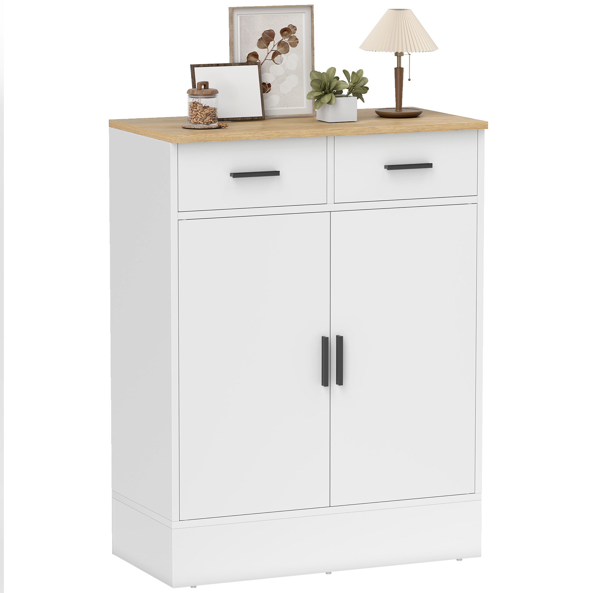 Mobile bianco con due cassetti, due ante, piano in legno, lampada e pianta.