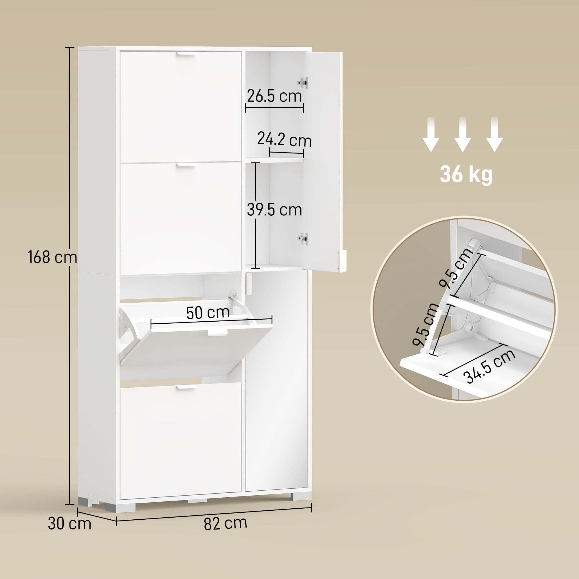 Un armadio bianco con dimensioni 168x82x30cm. Ha mensole e cassetti.