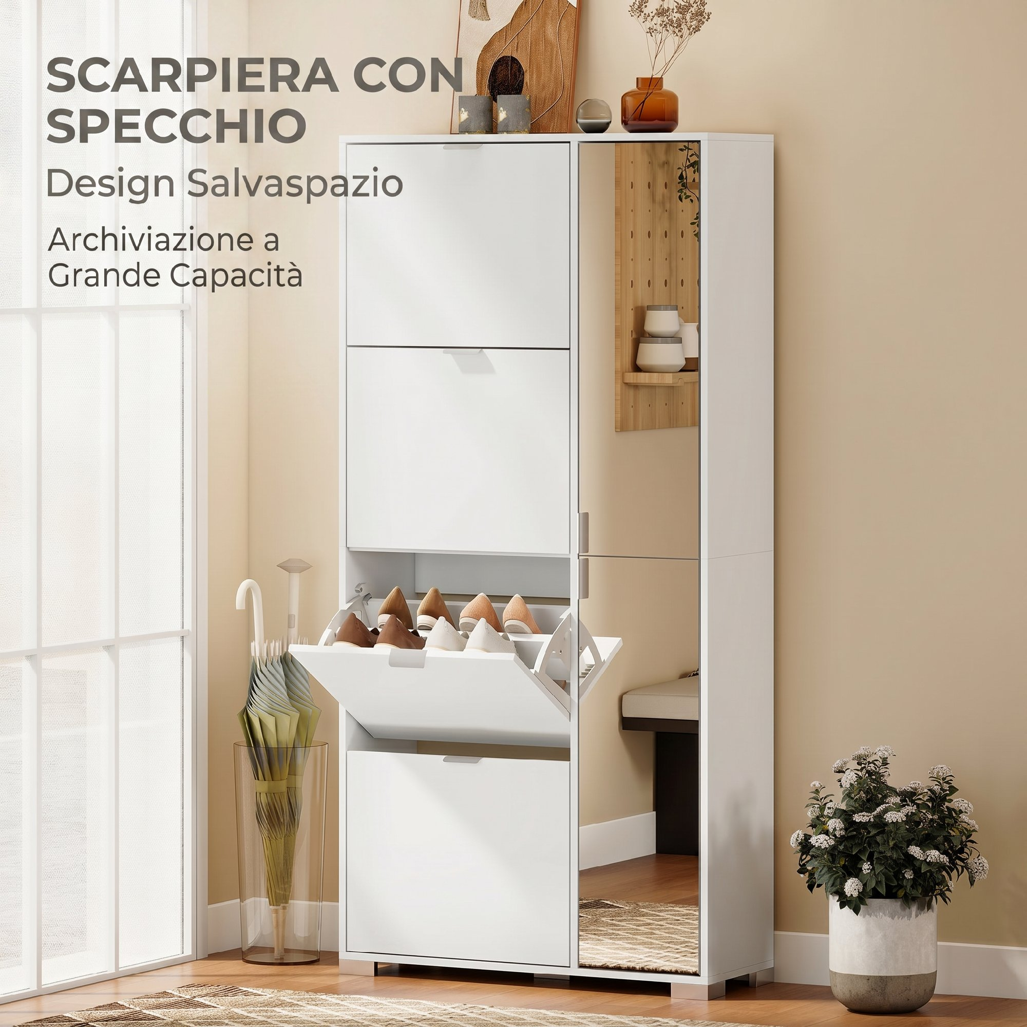 Una scarpiera bianca con specchio, con scarpe e ripiani.