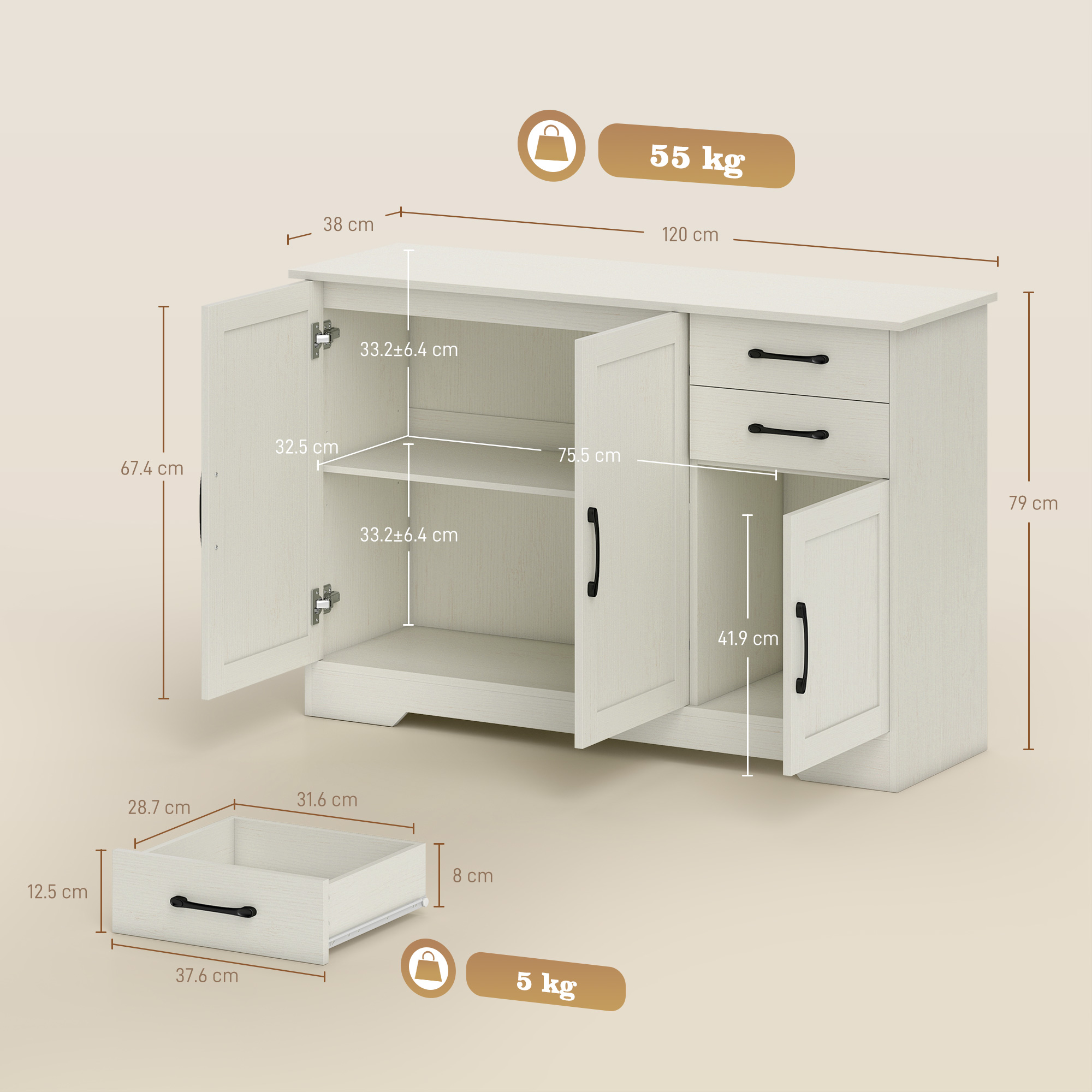 Credenza bianca con dimensioni. Ante aperte rivelano ripiani. Due cassetti sopra.