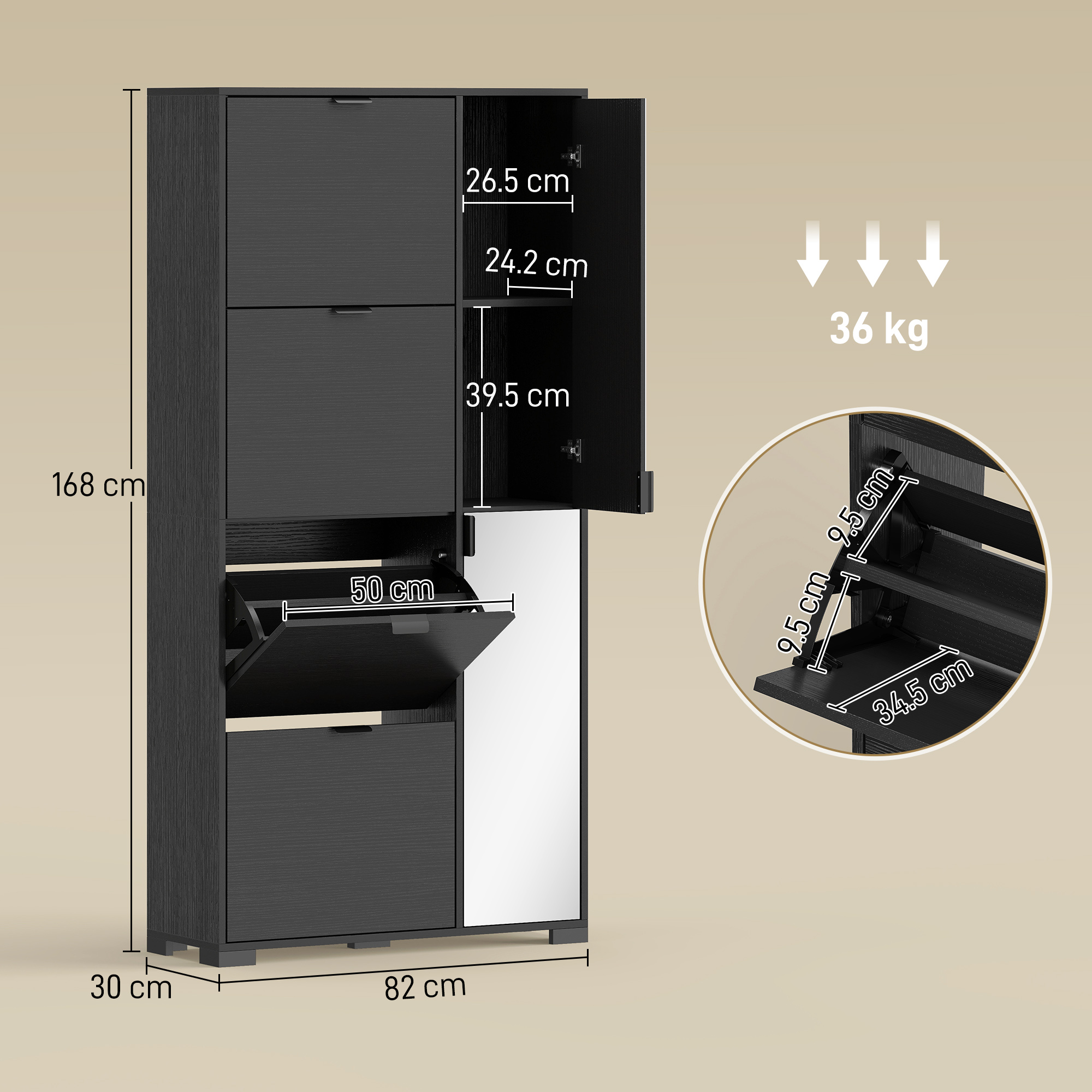 Mobile portascarpe nero con specchio, dimensioni 168x82x30 cm, 36 kg.