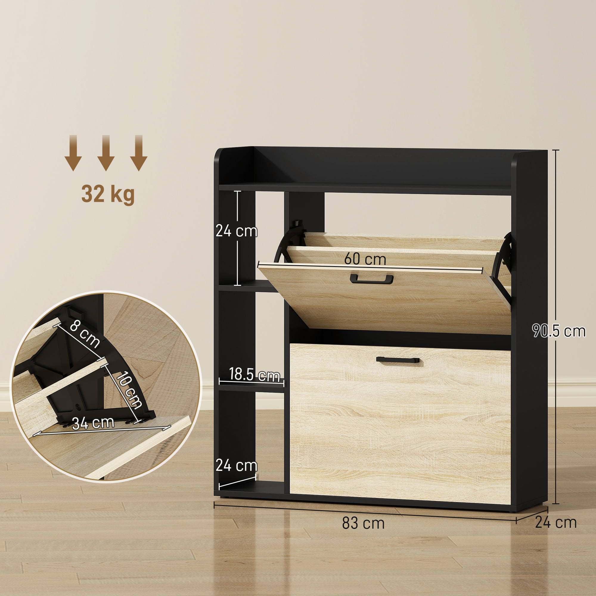 Mobile scarpiere nero con scomparti in legno chiaro, dimensioni indicate.
