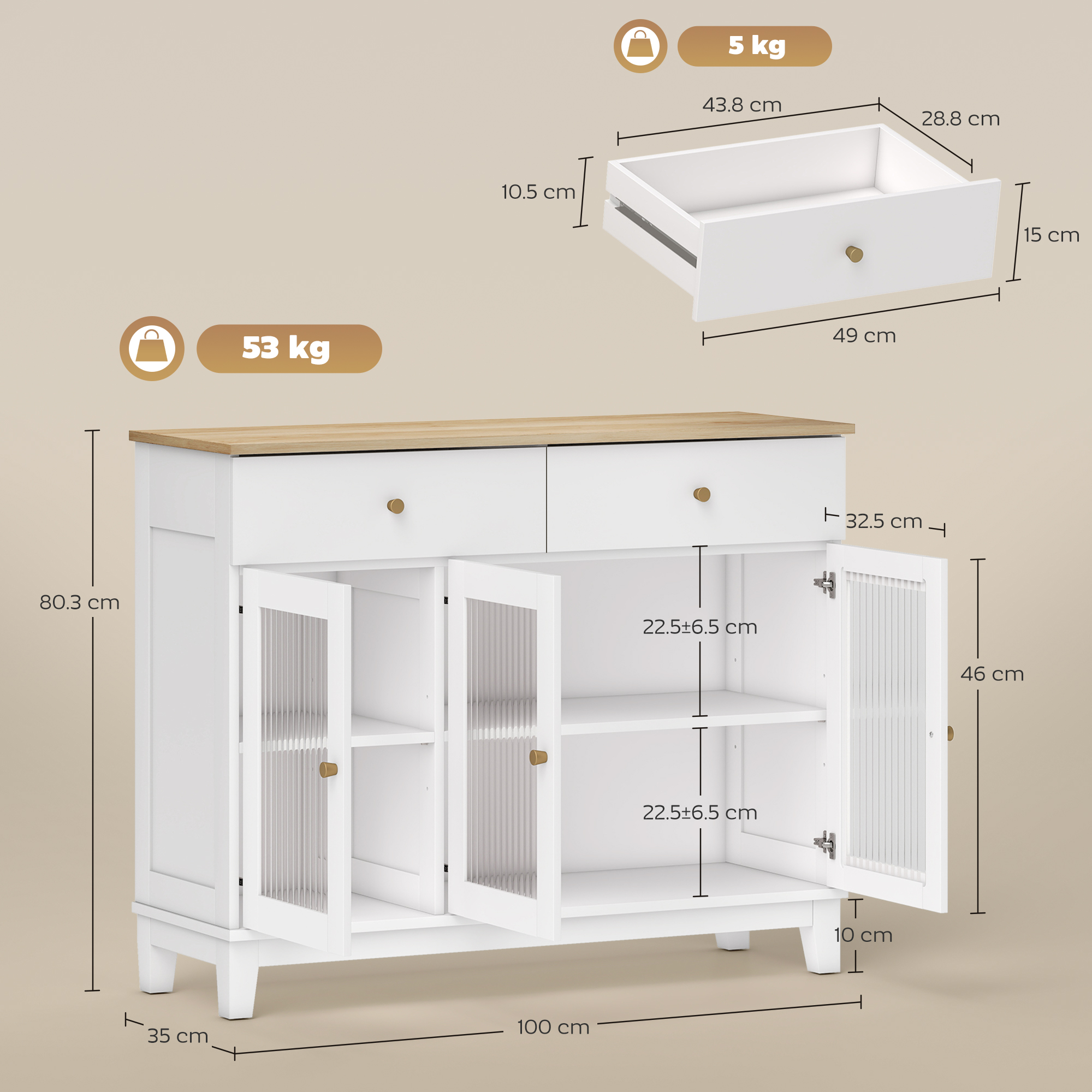 Un armadio bianco con piano in legno, due cassetti e ante in vetro.
