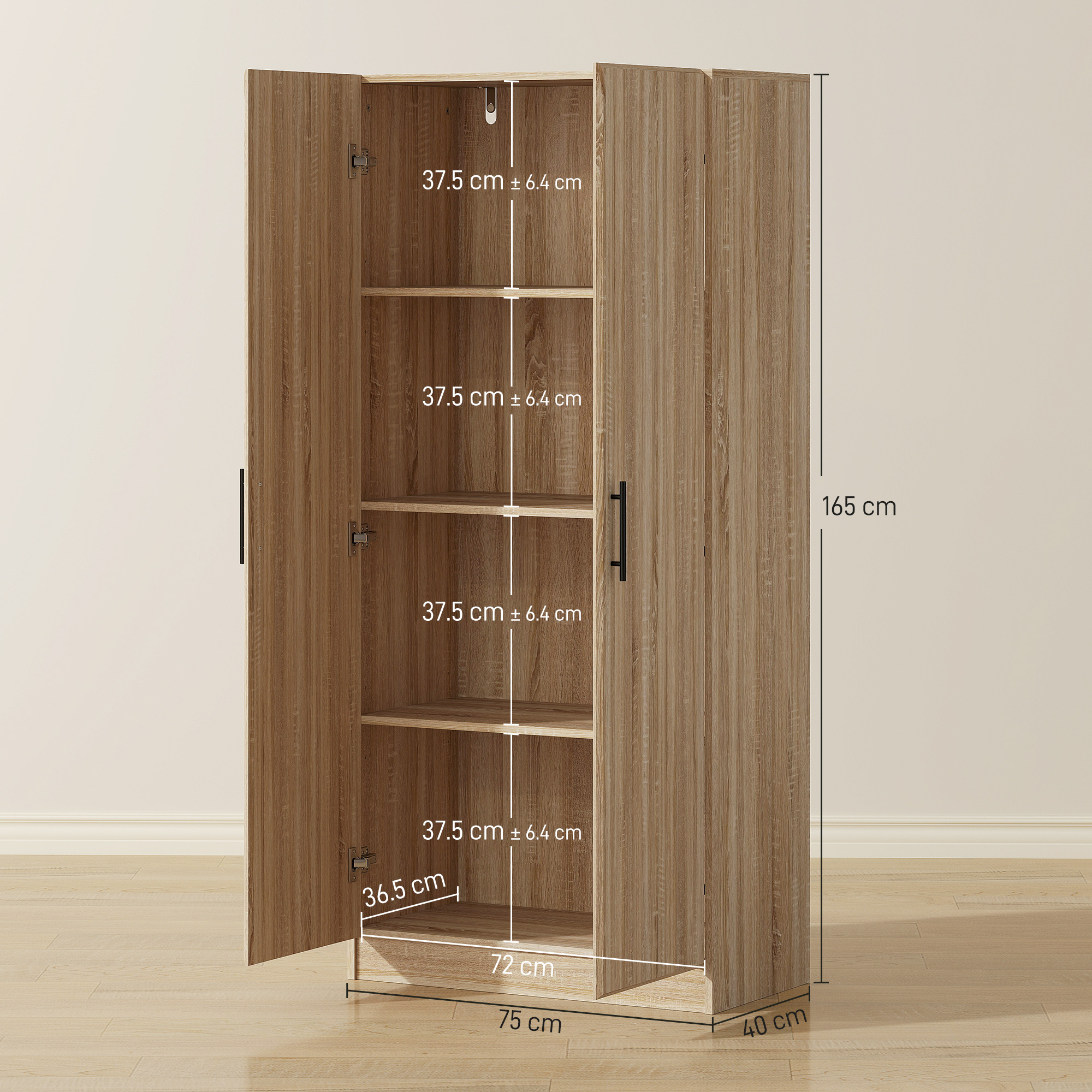 Un armadio in legno chiaro con due ante e più ripiani. Le dimensioni sono indicate.