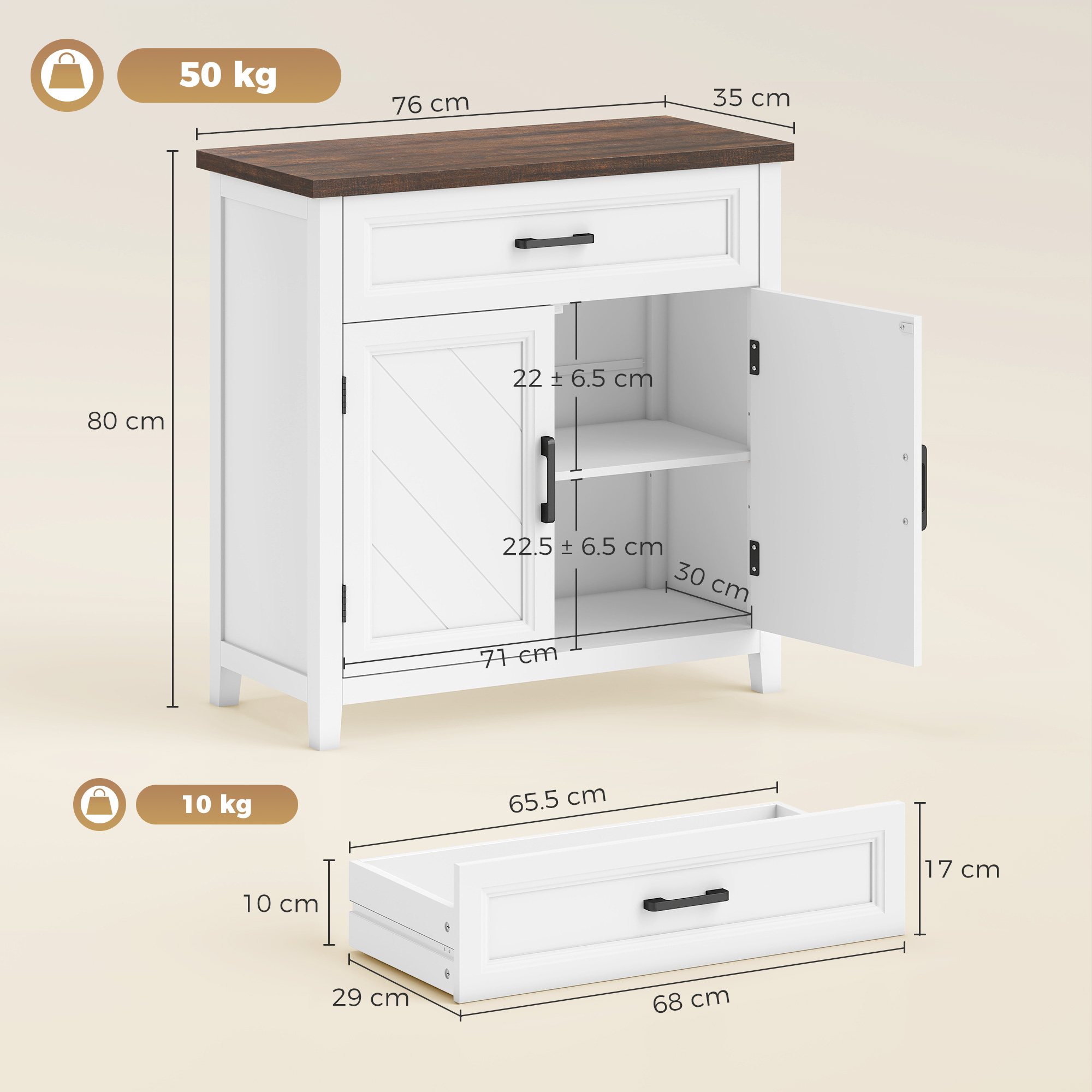 Un mobile bianco con piano in legno marrone, un cassetto e una porta.