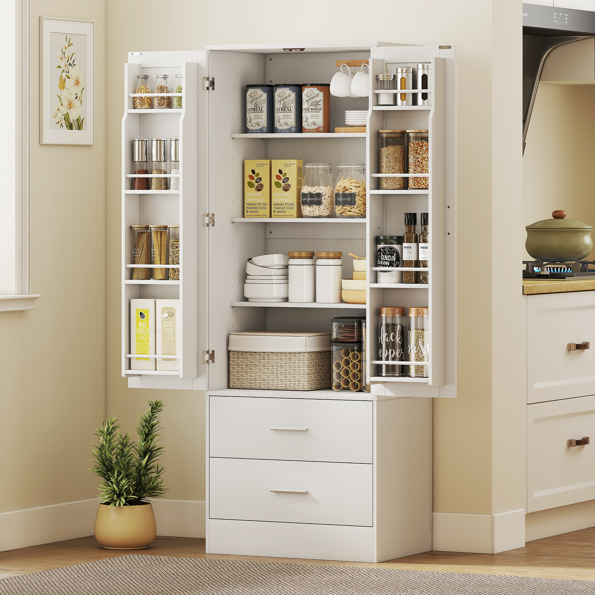 Un mobiletto da cucina bianco con ante aperte, pieno di cibo e piatti.