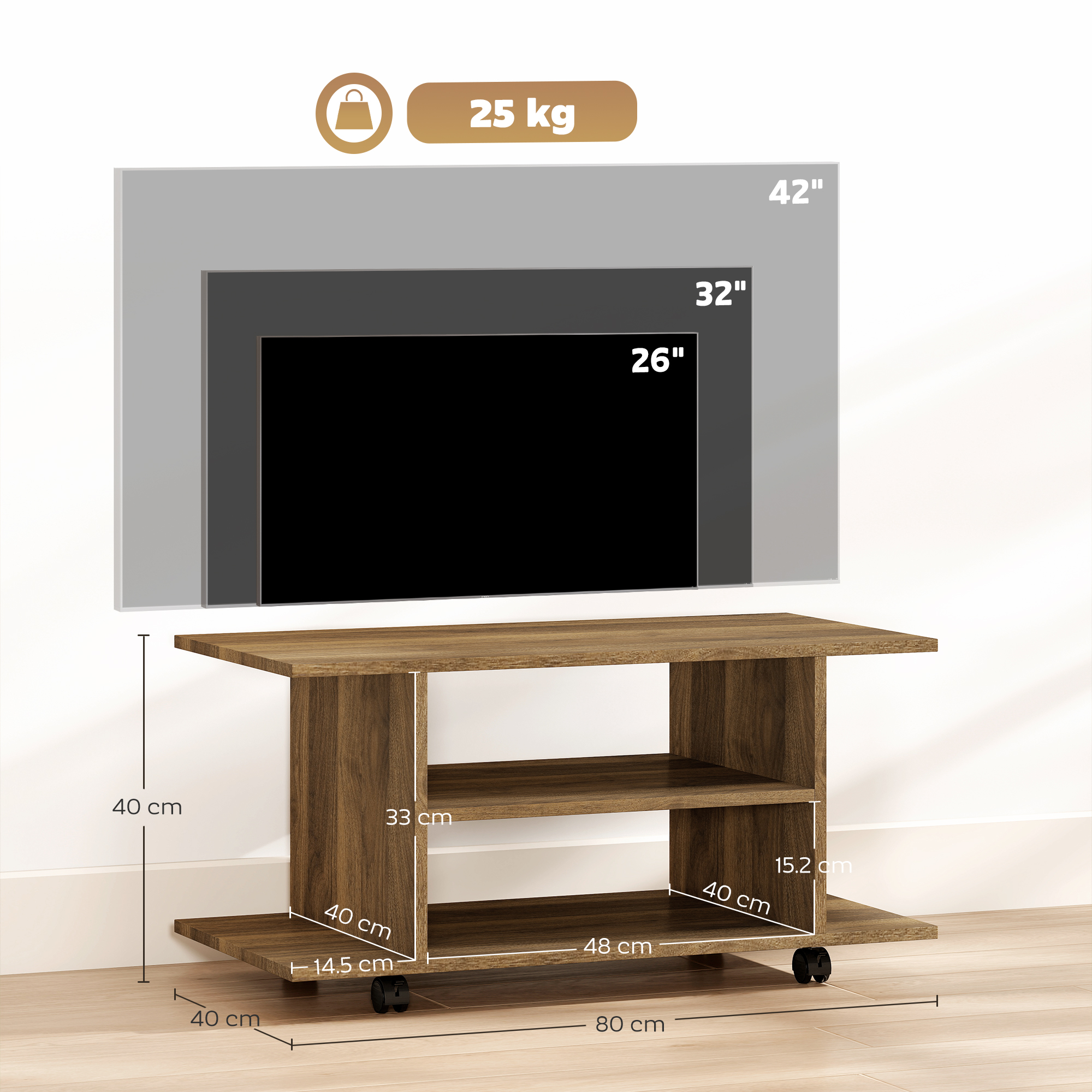Mobile TV in legno con ruote, 80x40x40cm, per TV fino a 42 pollici.