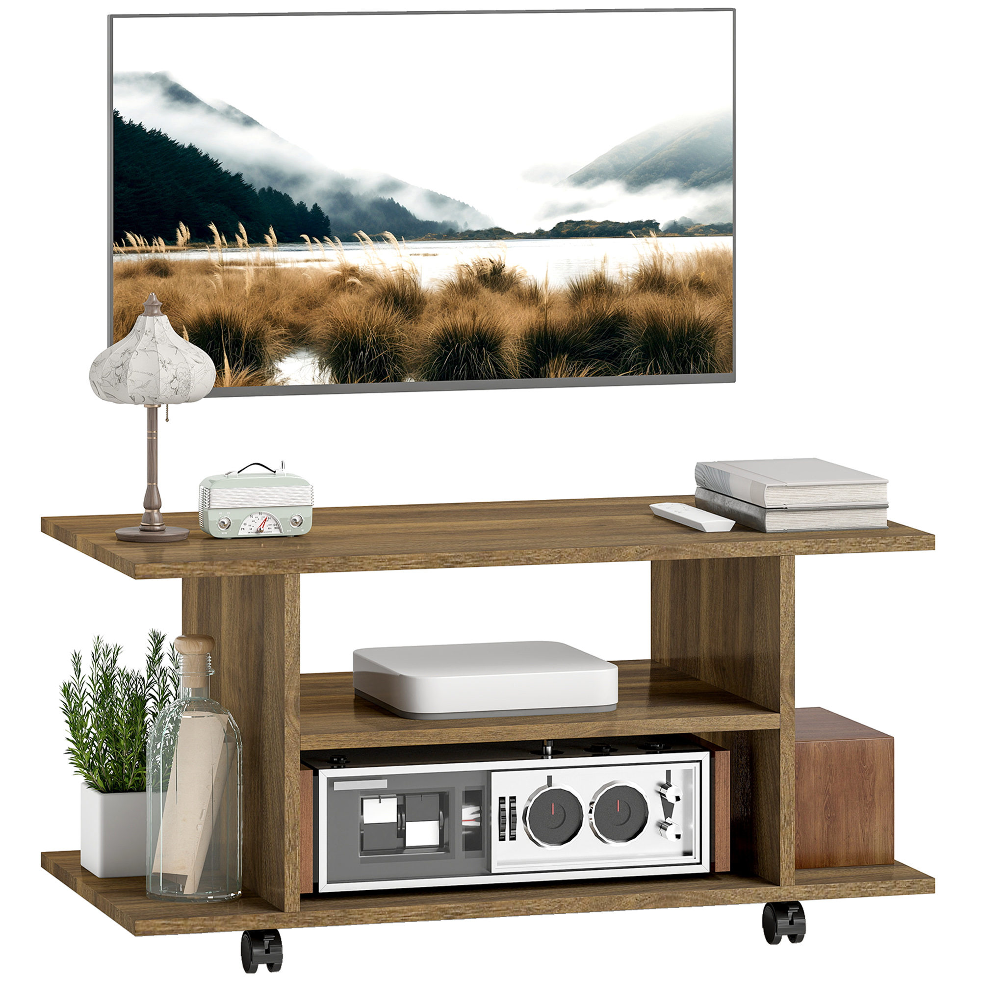 Un mobile TV in legno con un televisore che mostra un paesaggio.